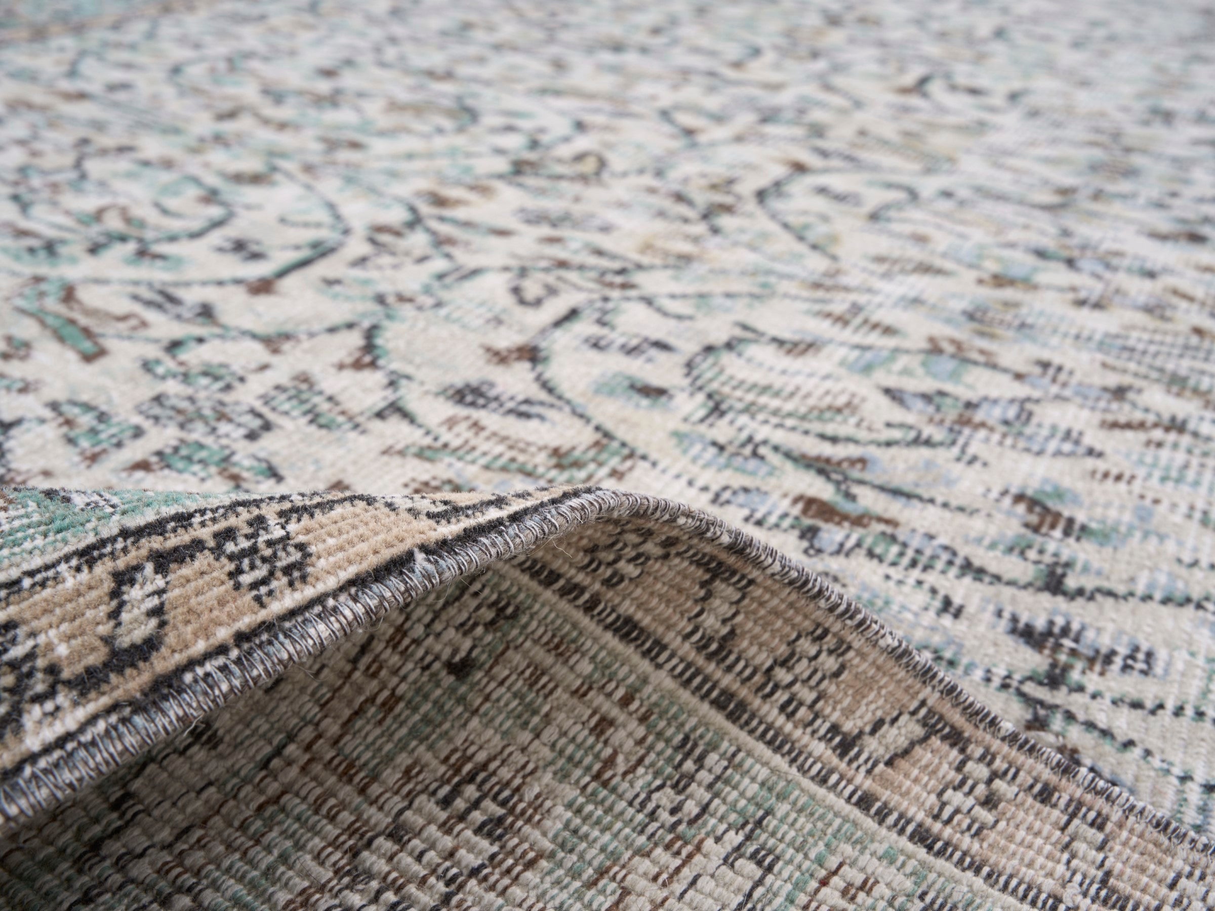 Turkish Isparta area rug in cream and sage, view 9 of 10