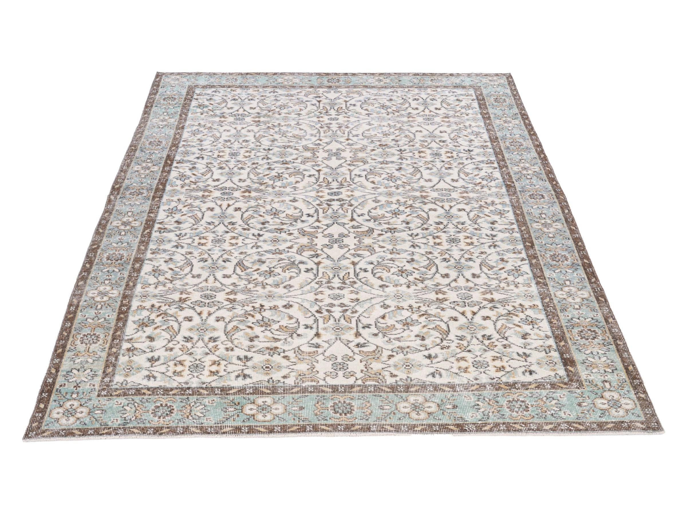 Turkish Isparta area rug in ivory and dusty blue, view 2 of 10