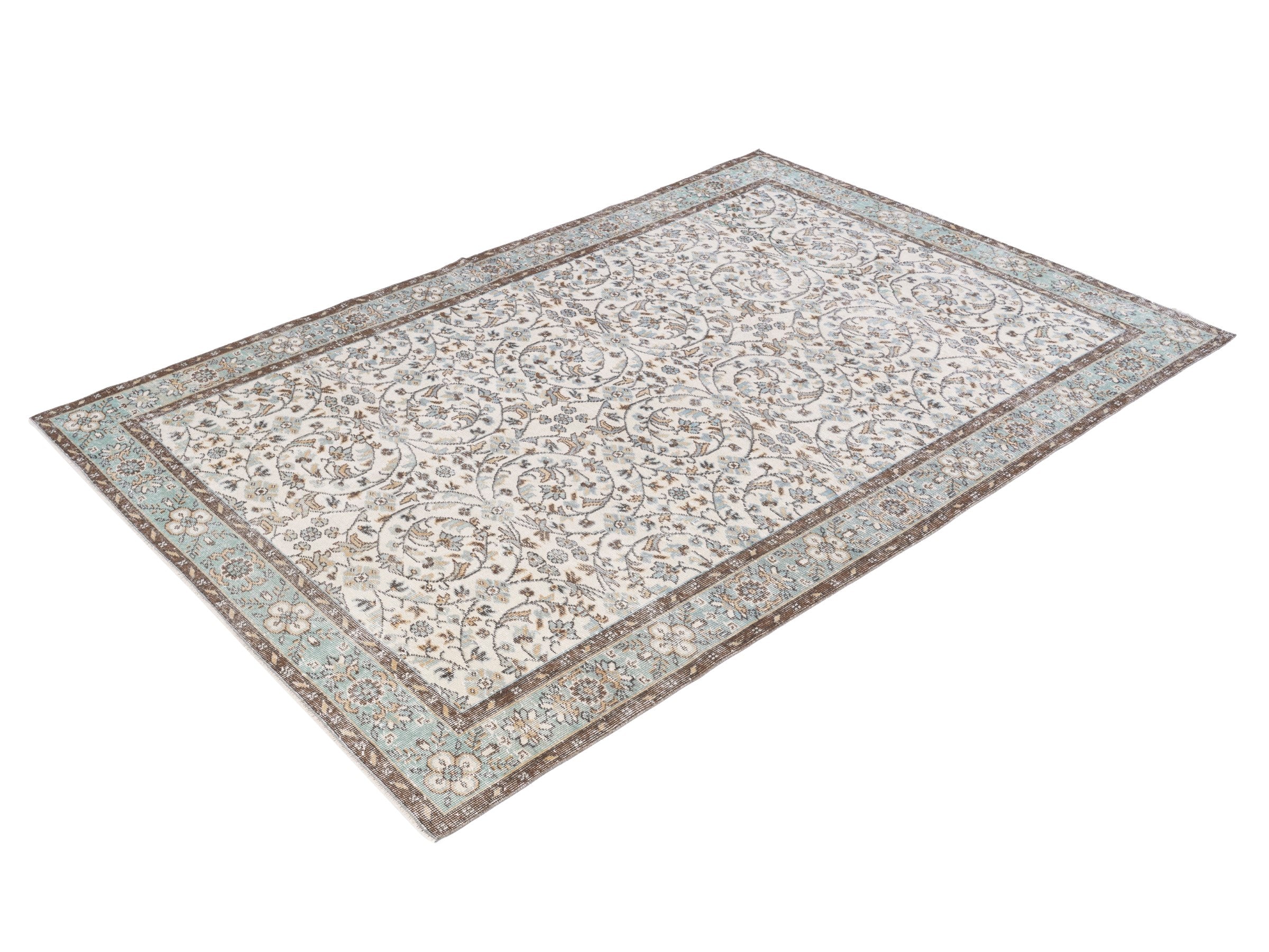Turkish Isparta area rug in ivory and dusty blue, view 3 of 10