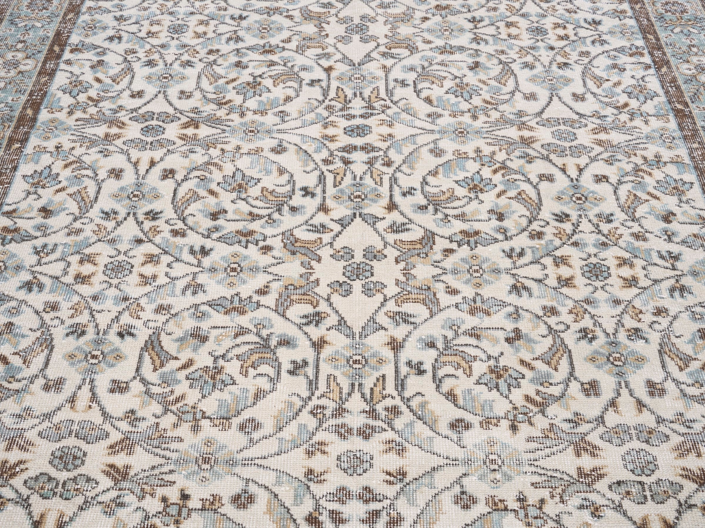 Turkish Isparta area rug in ivory and dusty blue, view 4 of 10