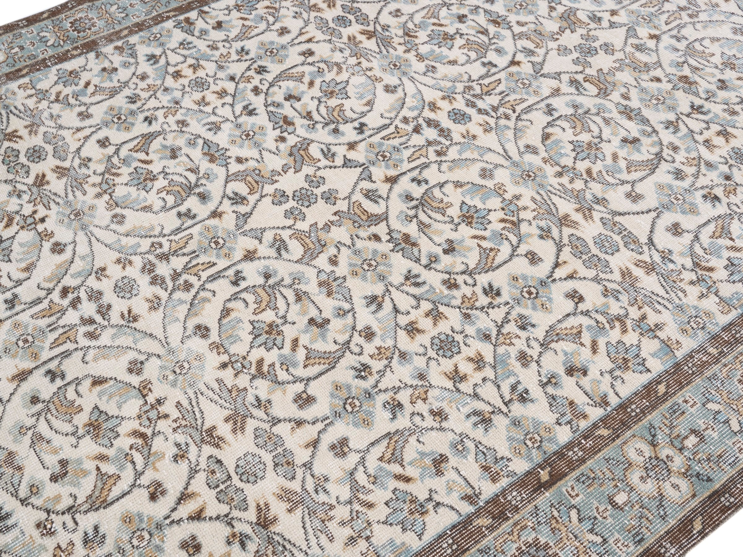 Turkish Isparta area rug in ivory and dusty blue, view 5 of 10