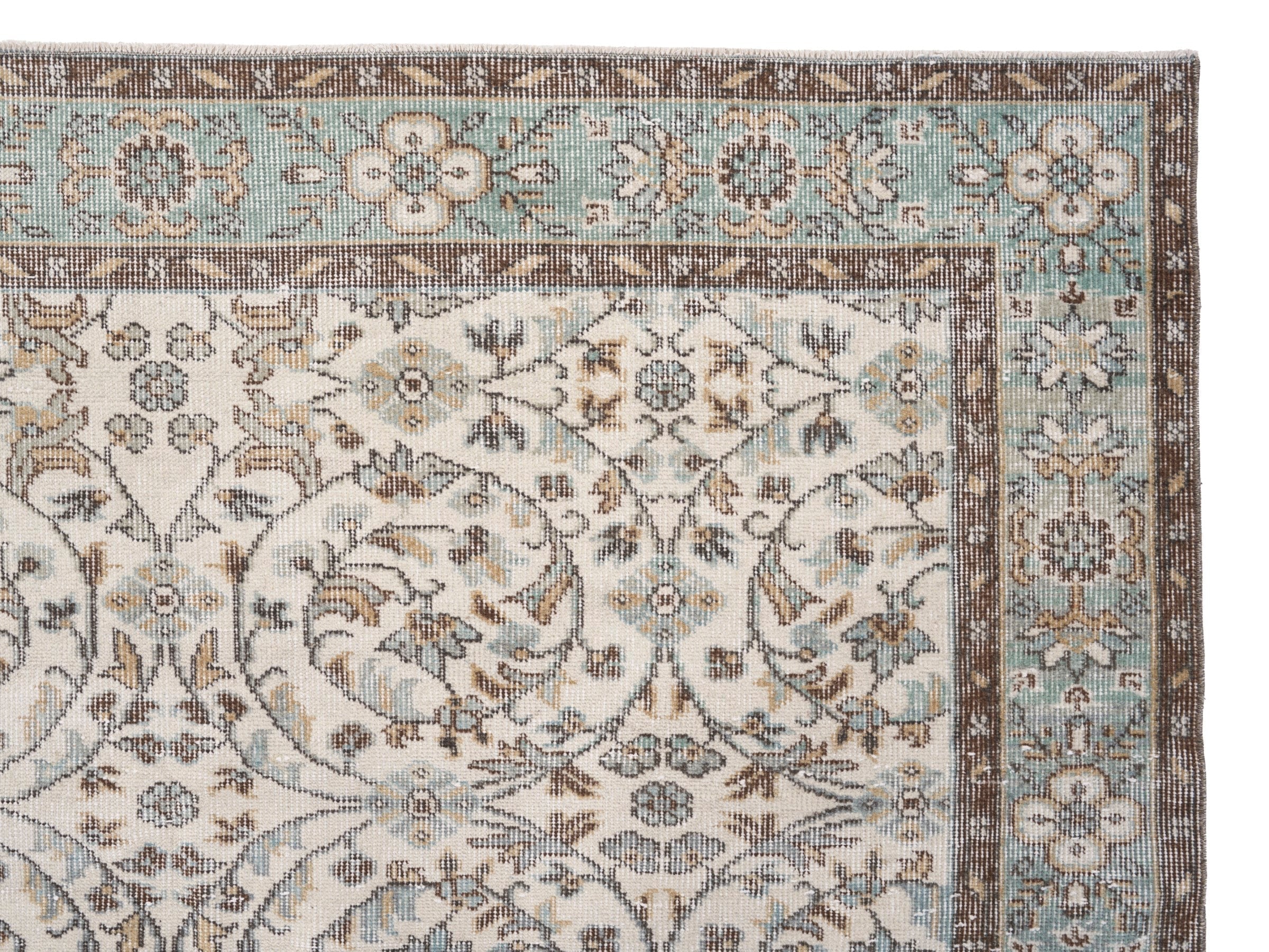 Turkish Isparta area rug in ivory and dusty blue, view 8 of 10