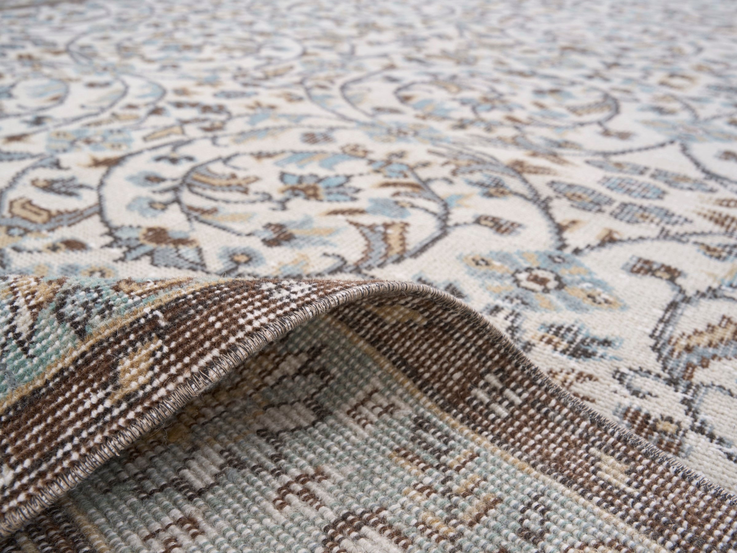 Turkish Isparta area rug in ivory and dusty blue, view 9 of 10