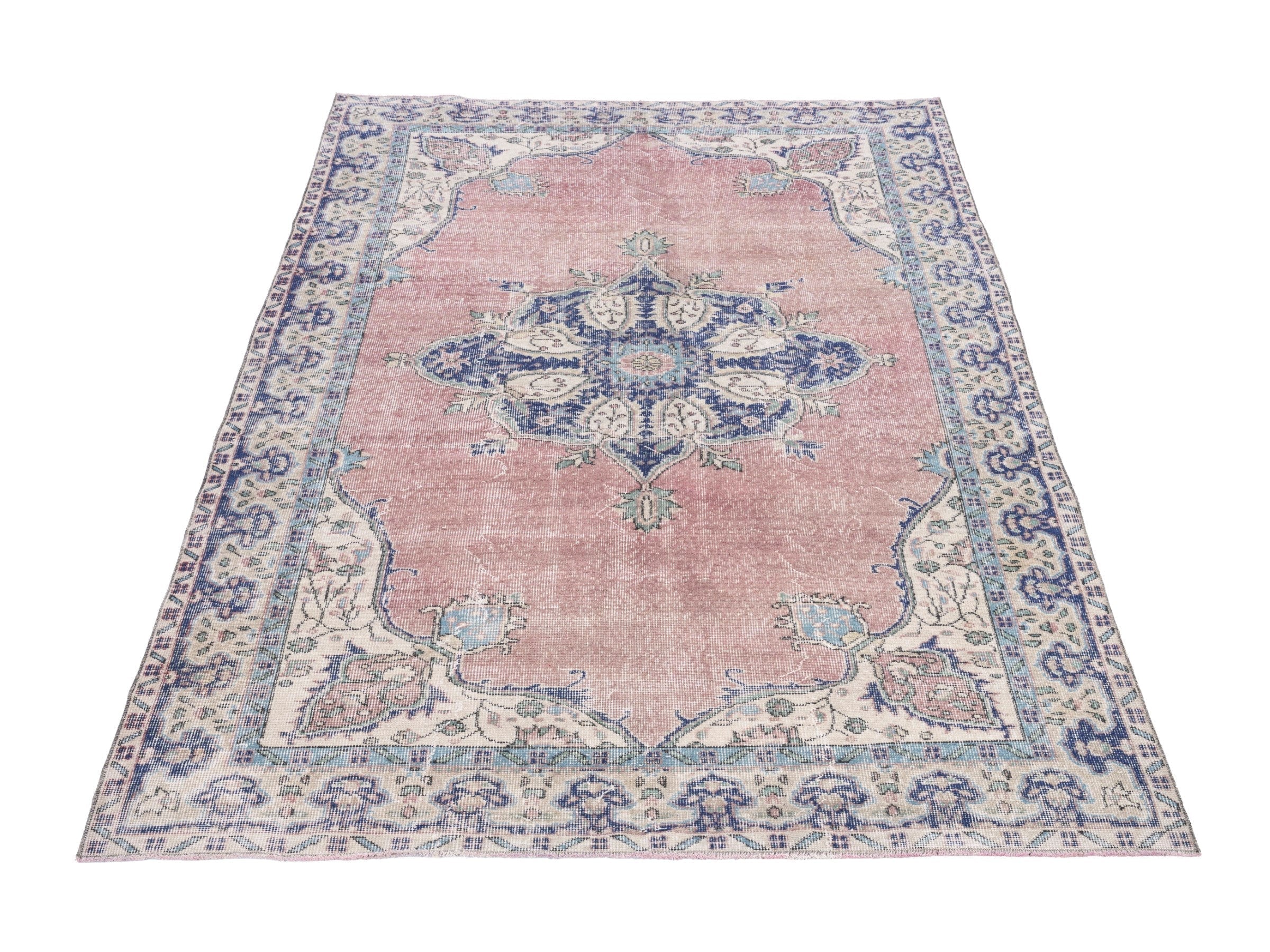 Turkish Isparta area rug in dusty rose and navy, view 2 of 10