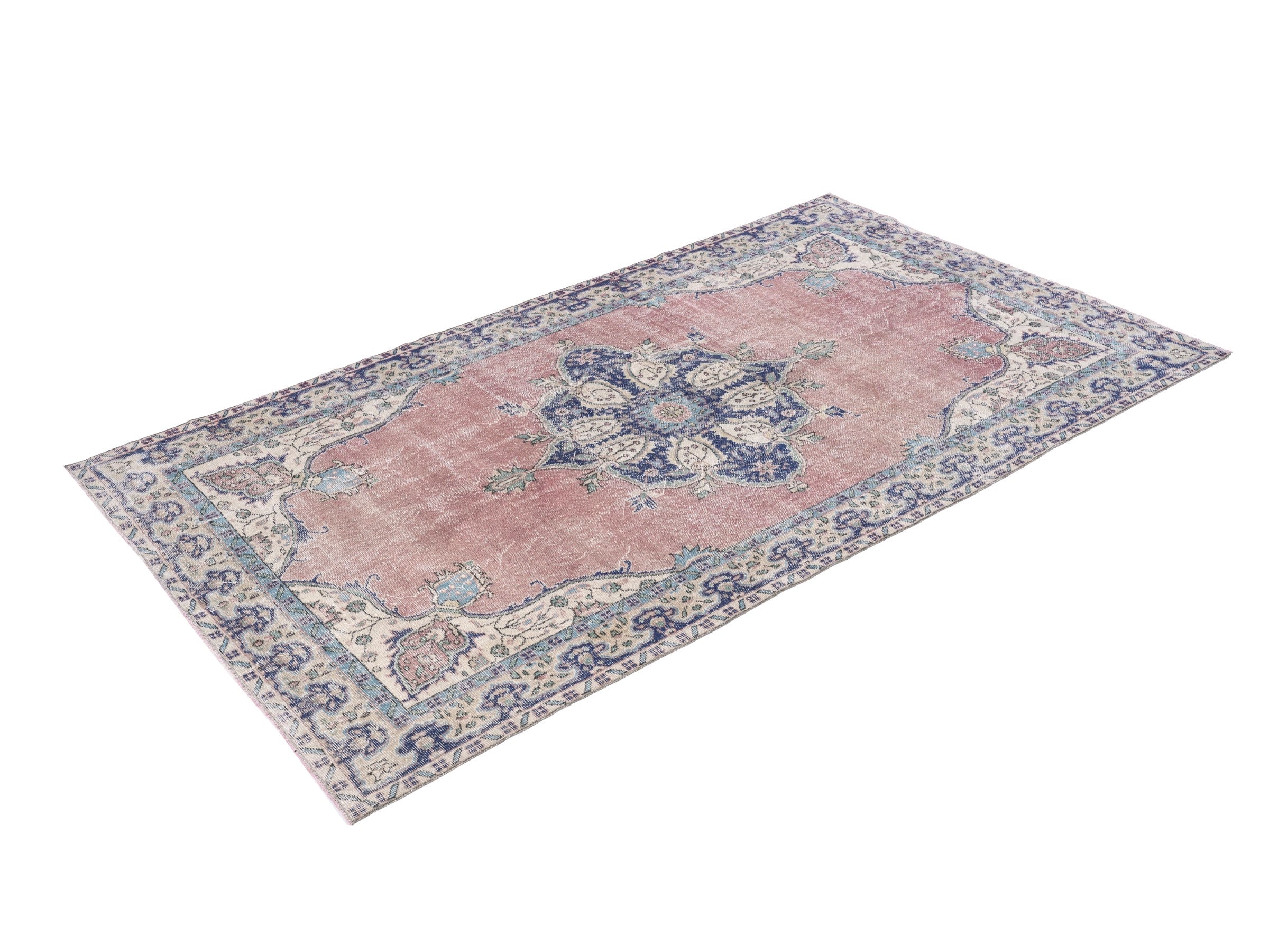 Turkish Isparta area rug in dusty rose and navy, view 3 of 10