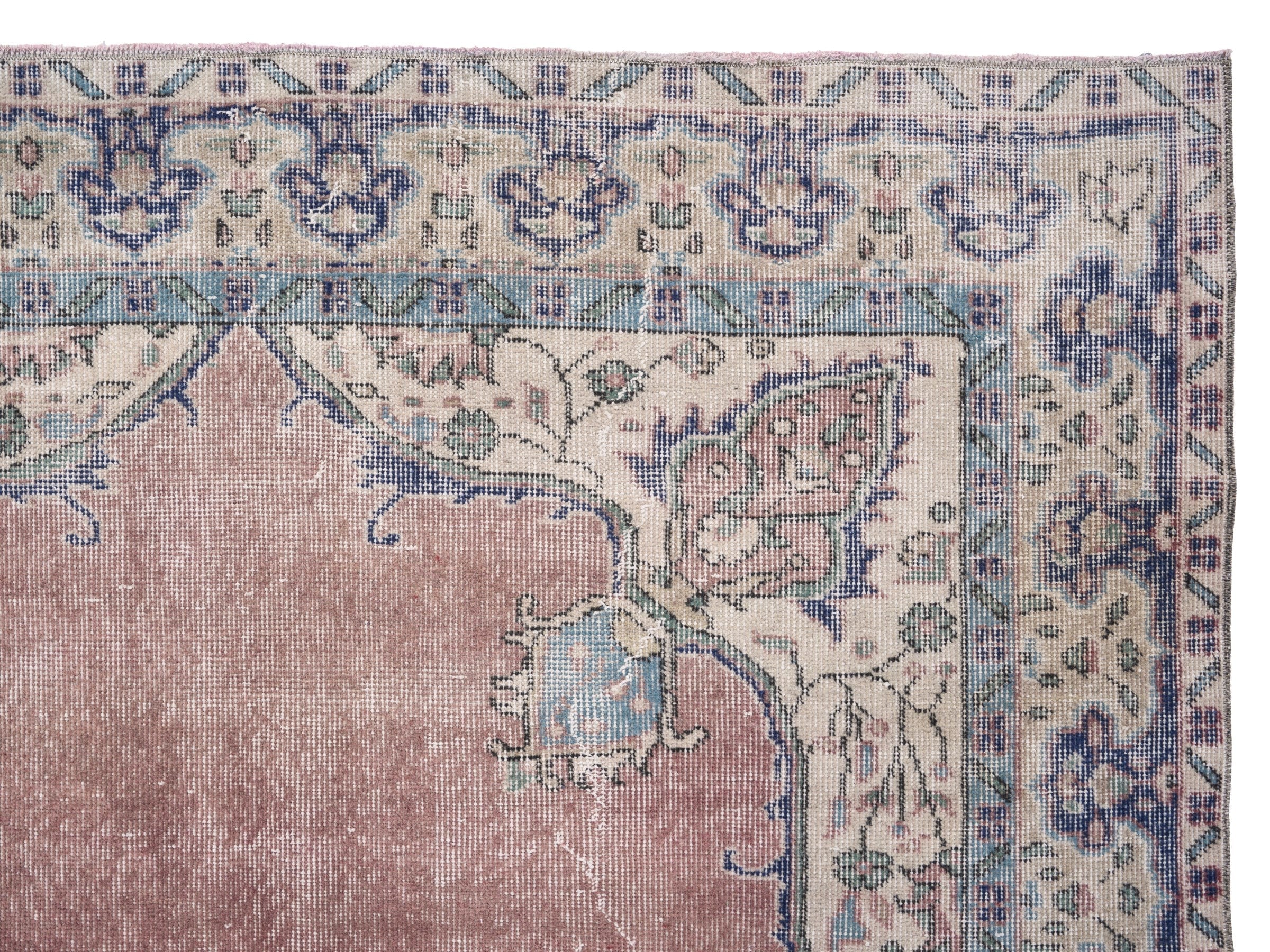 Turkish Isparta area rug in dusty rose and navy, view 8 of 10
