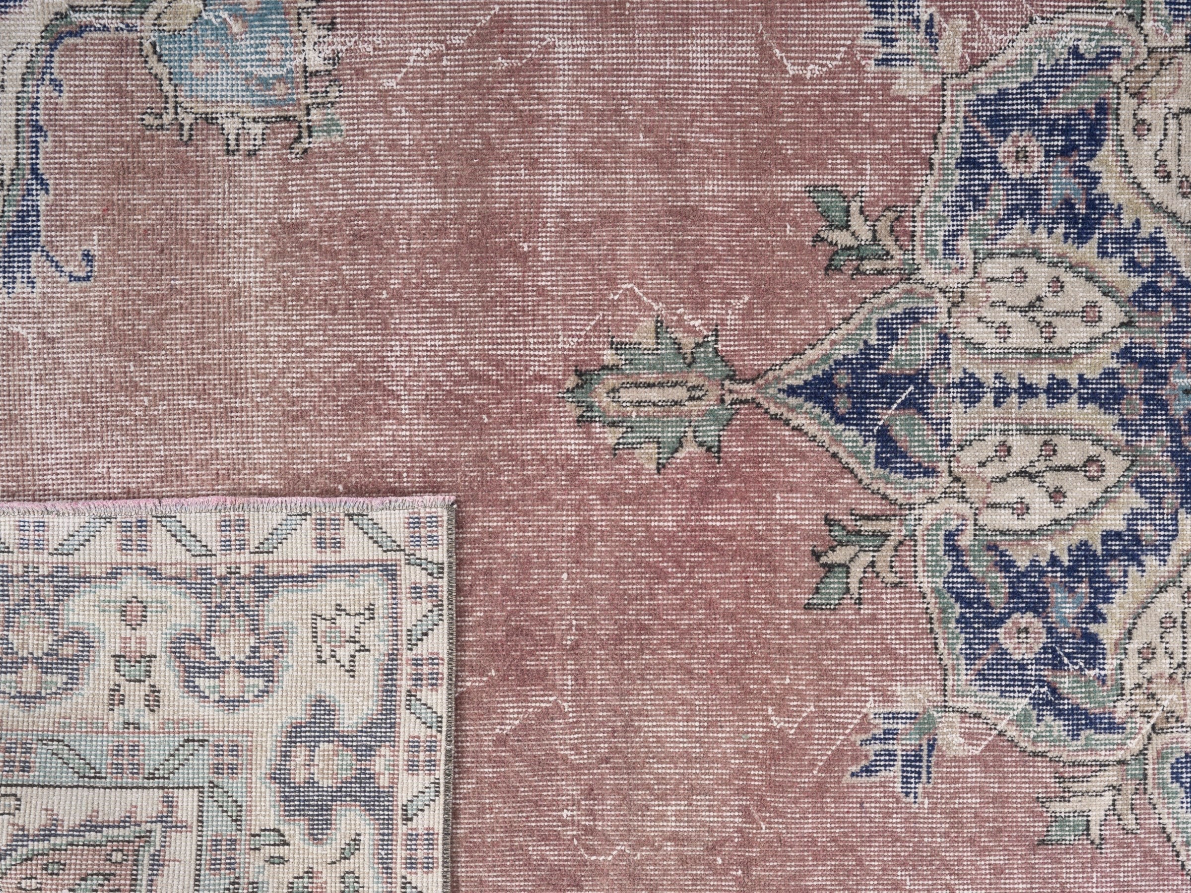 Turkish Isparta area rug in dusty rose and navy, view 10 of 10