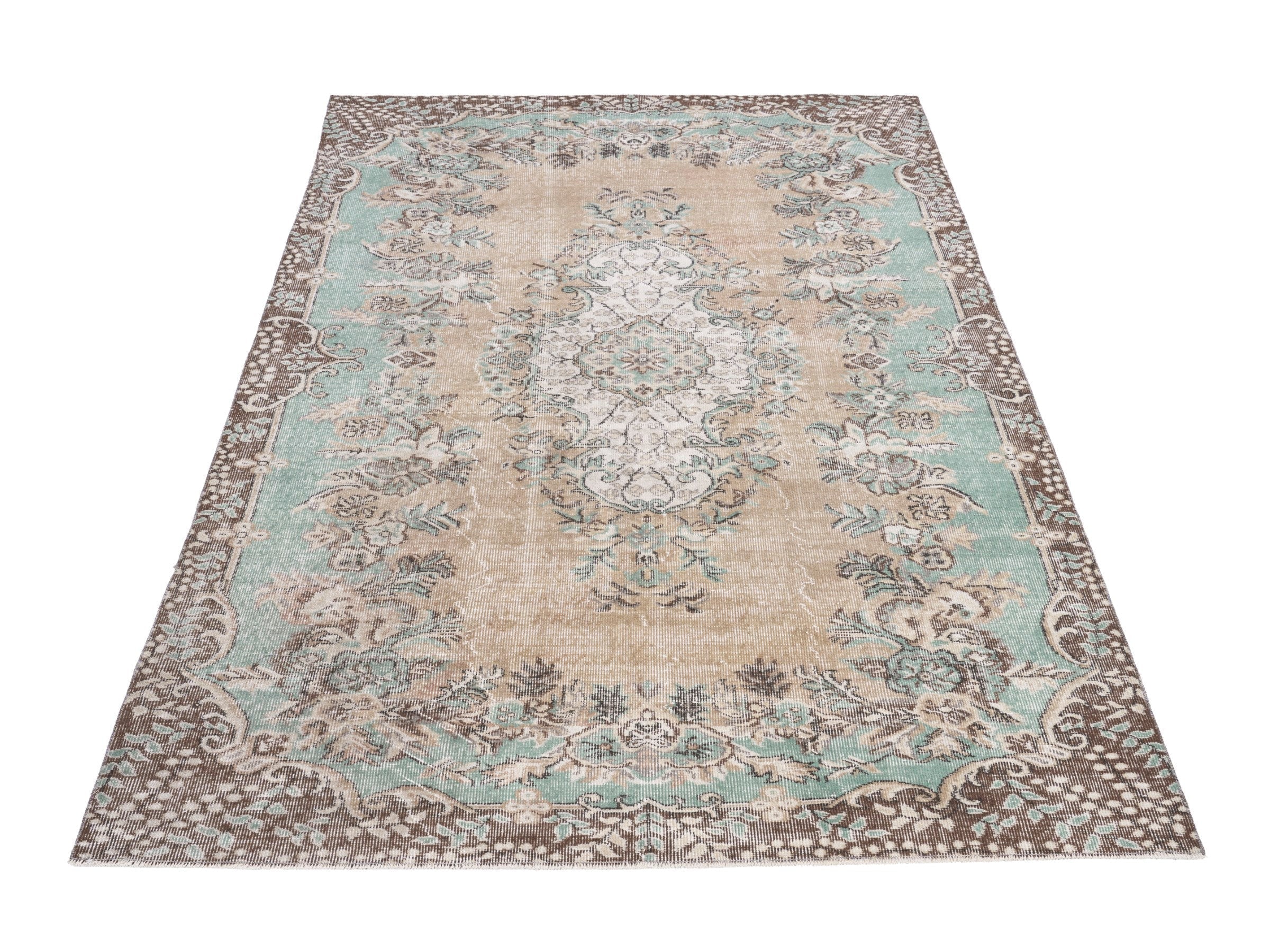 Turkish Isparta area rug in celadon and greige, view 2 of 10