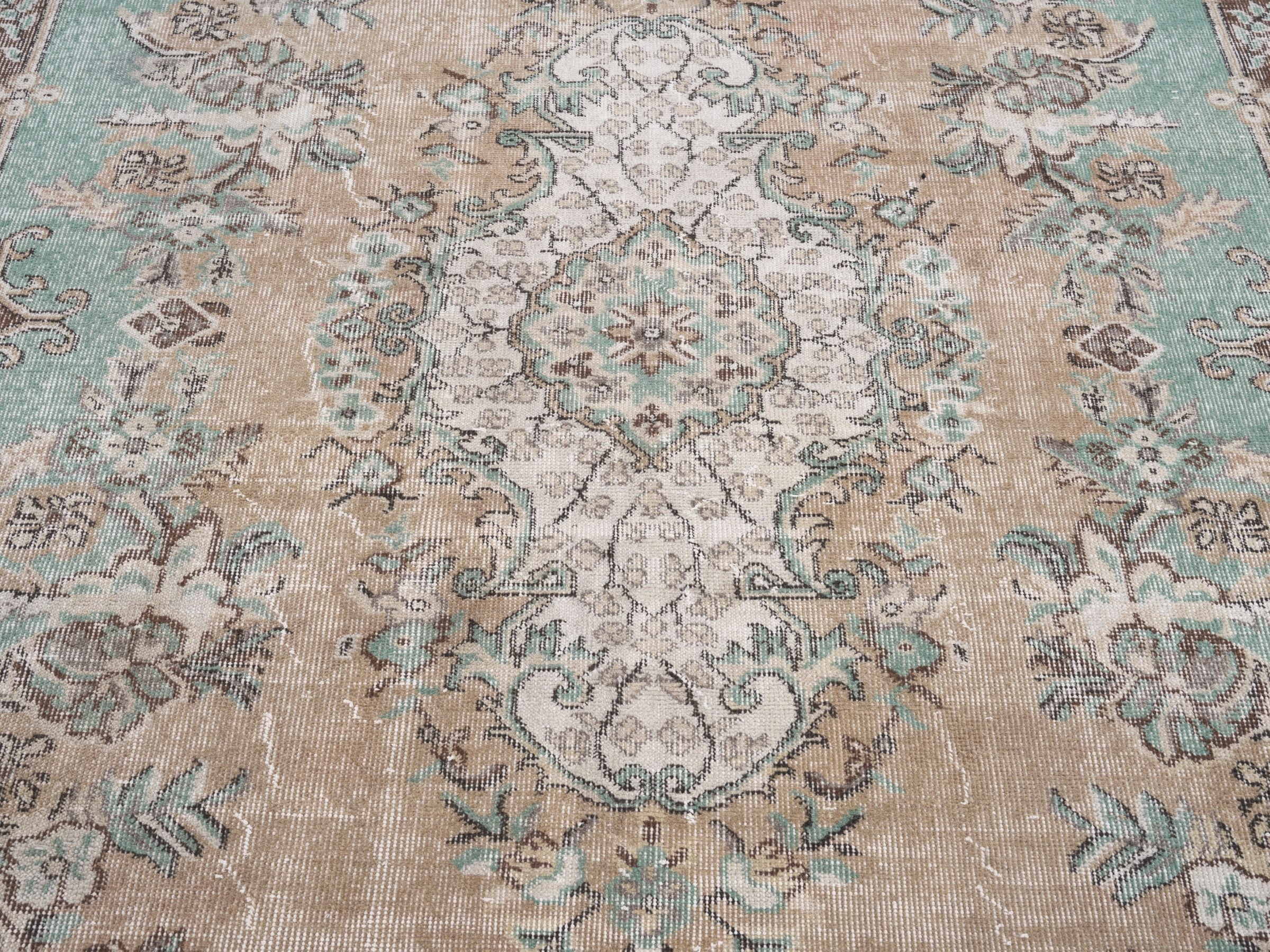 Turkish Isparta area rug in celadon and greige, view 4 of 10