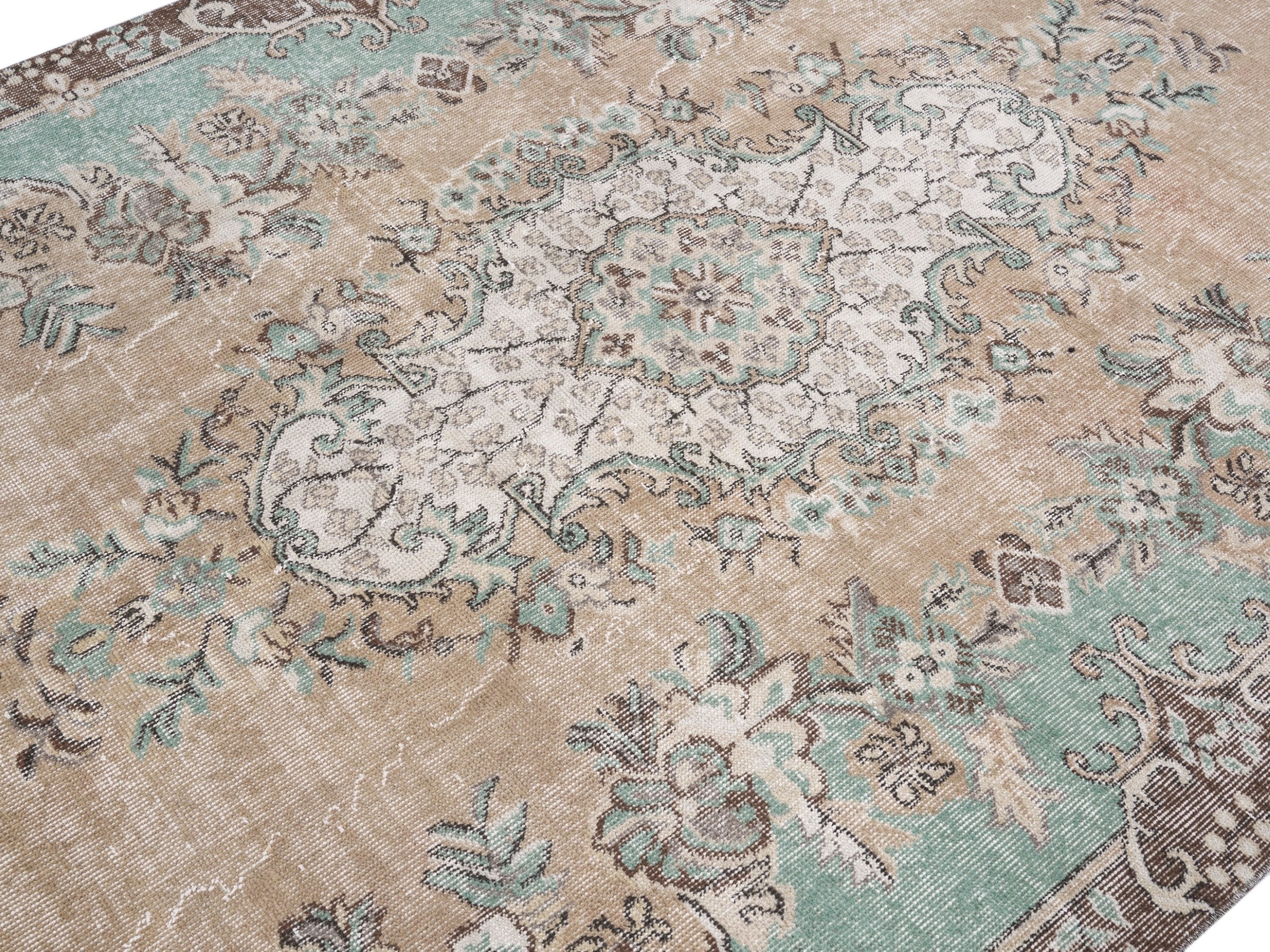 Turkish Isparta area rug in celadon and greige, view 5 of 10