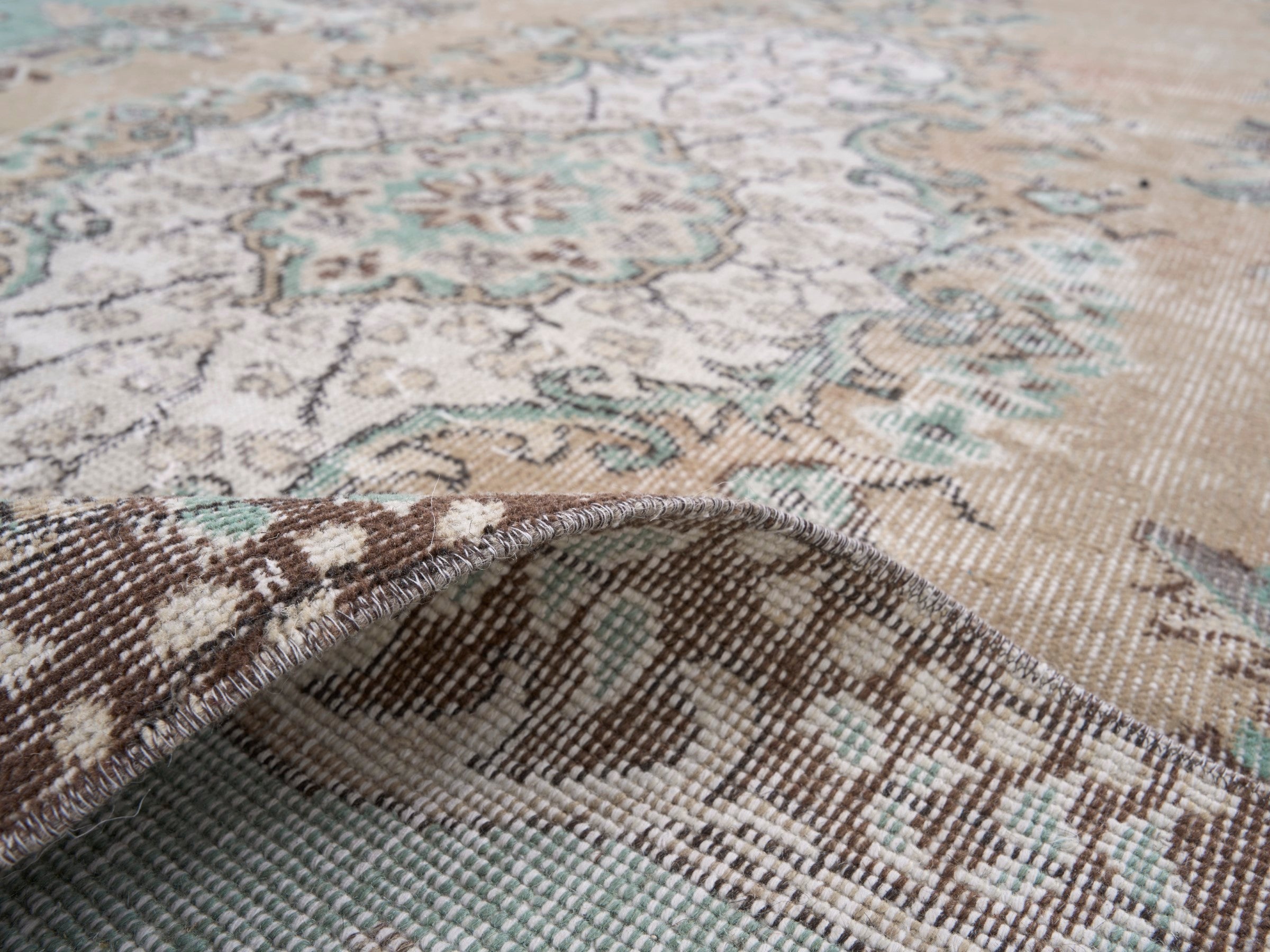 Turkish Isparta area rug in celadon and greige, view 9 of 10