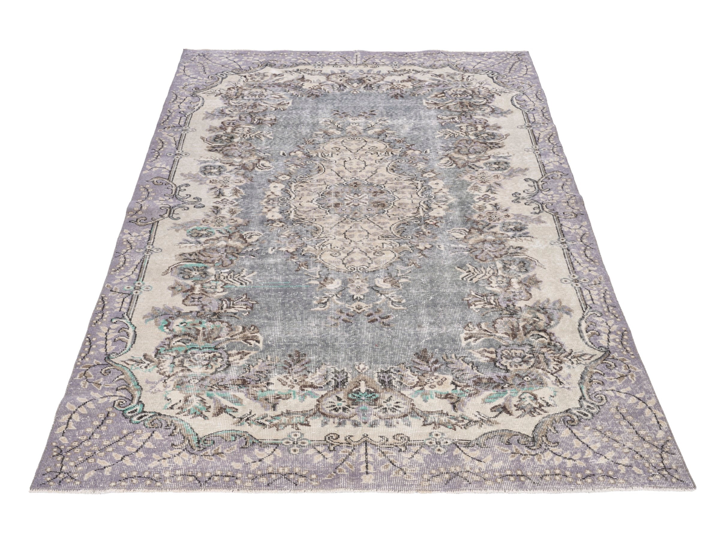 Turkish Isparta area rug in dusty blue and cream, view 2 of 10