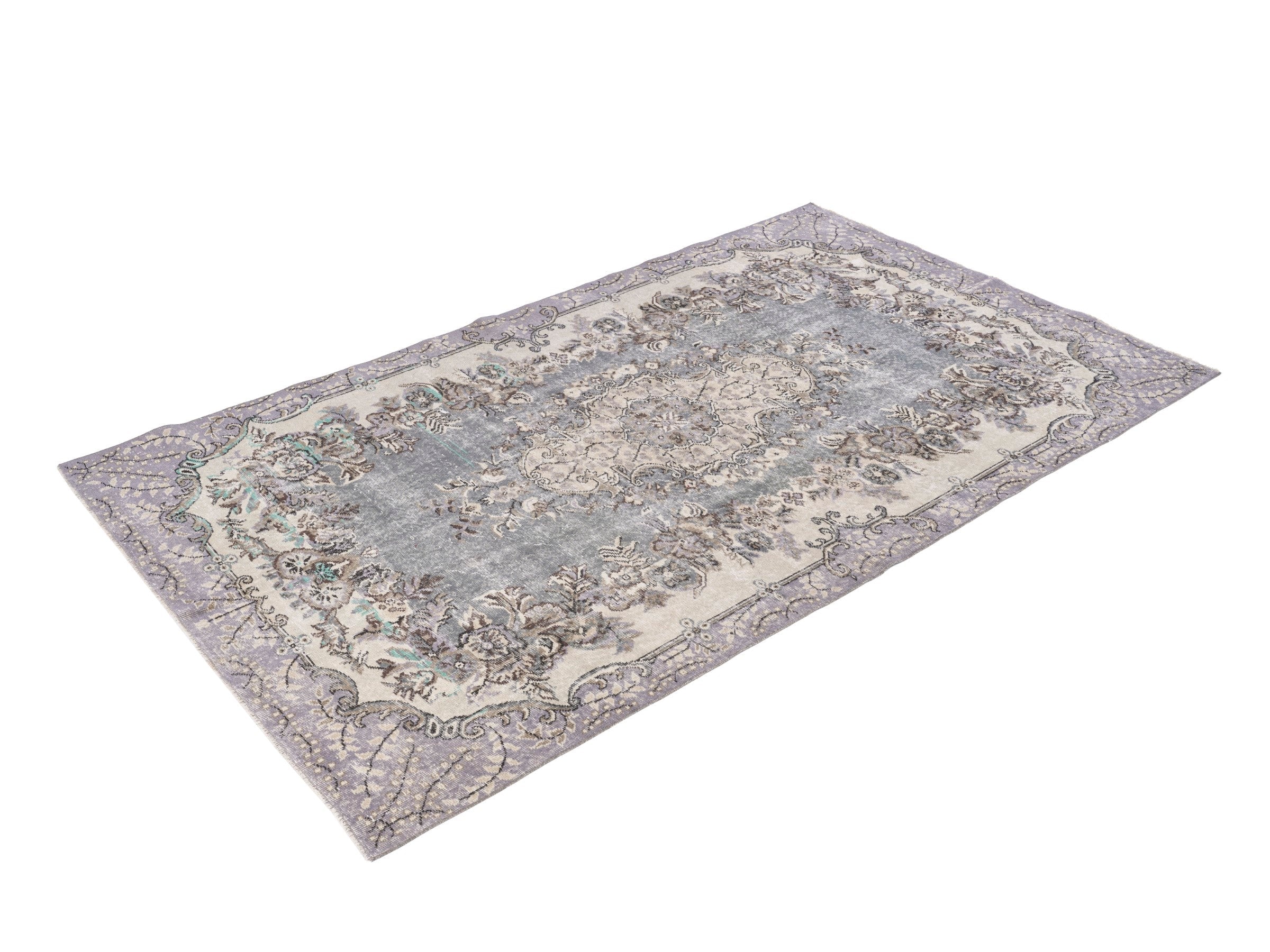 Turkish Isparta area rug in dusty blue and cream, view 3 of 10