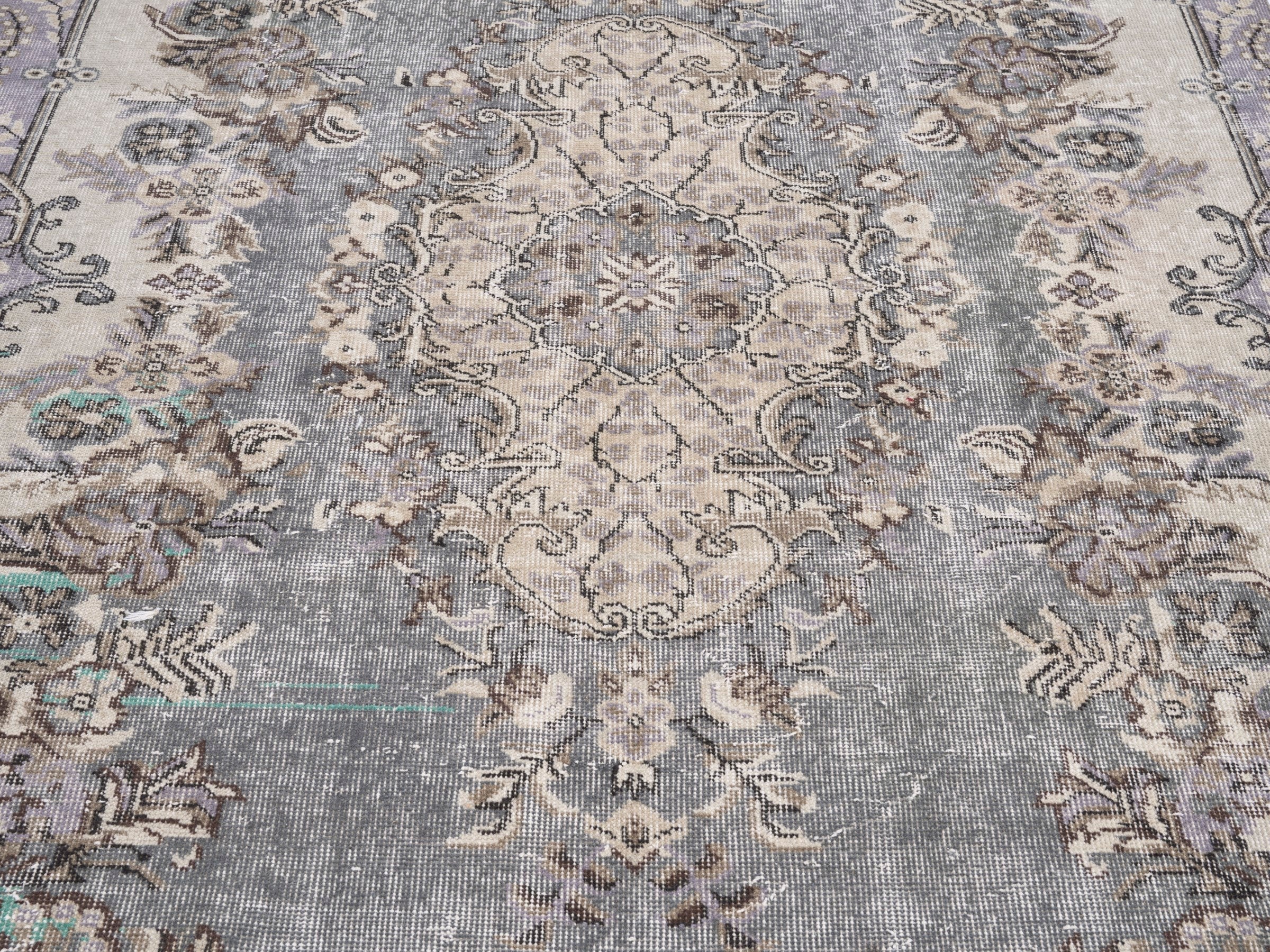 Turkish Isparta area rug in dusty blue and cream, view 4 of 10