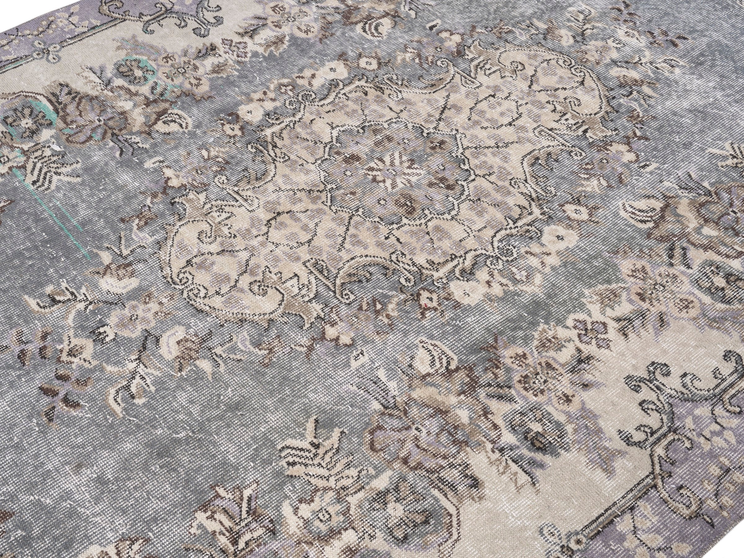 Turkish Isparta area rug in dusty blue and cream, view 5 of 10