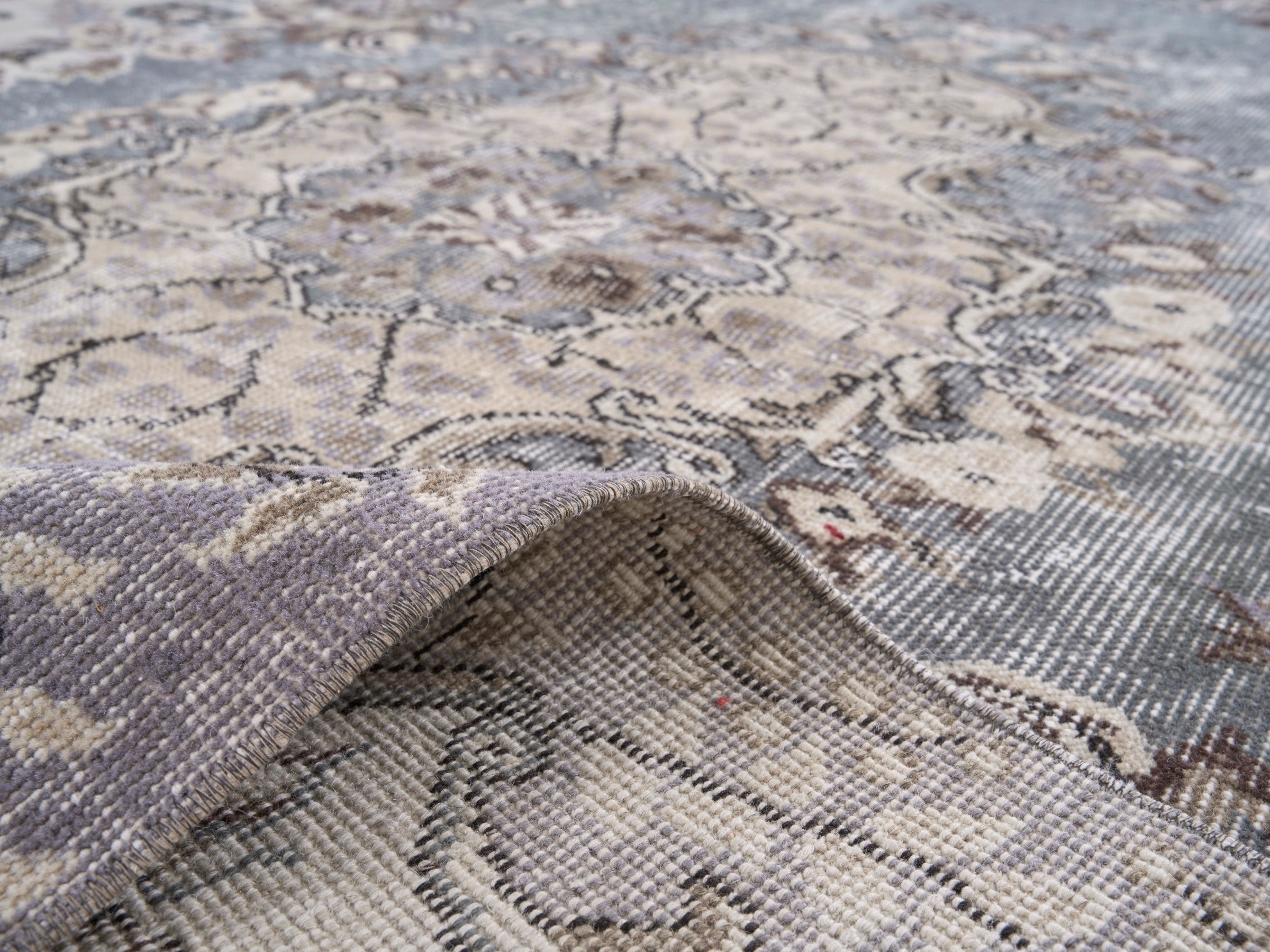 Turkish Isparta area rug in dusty blue and cream, view 9 of 10