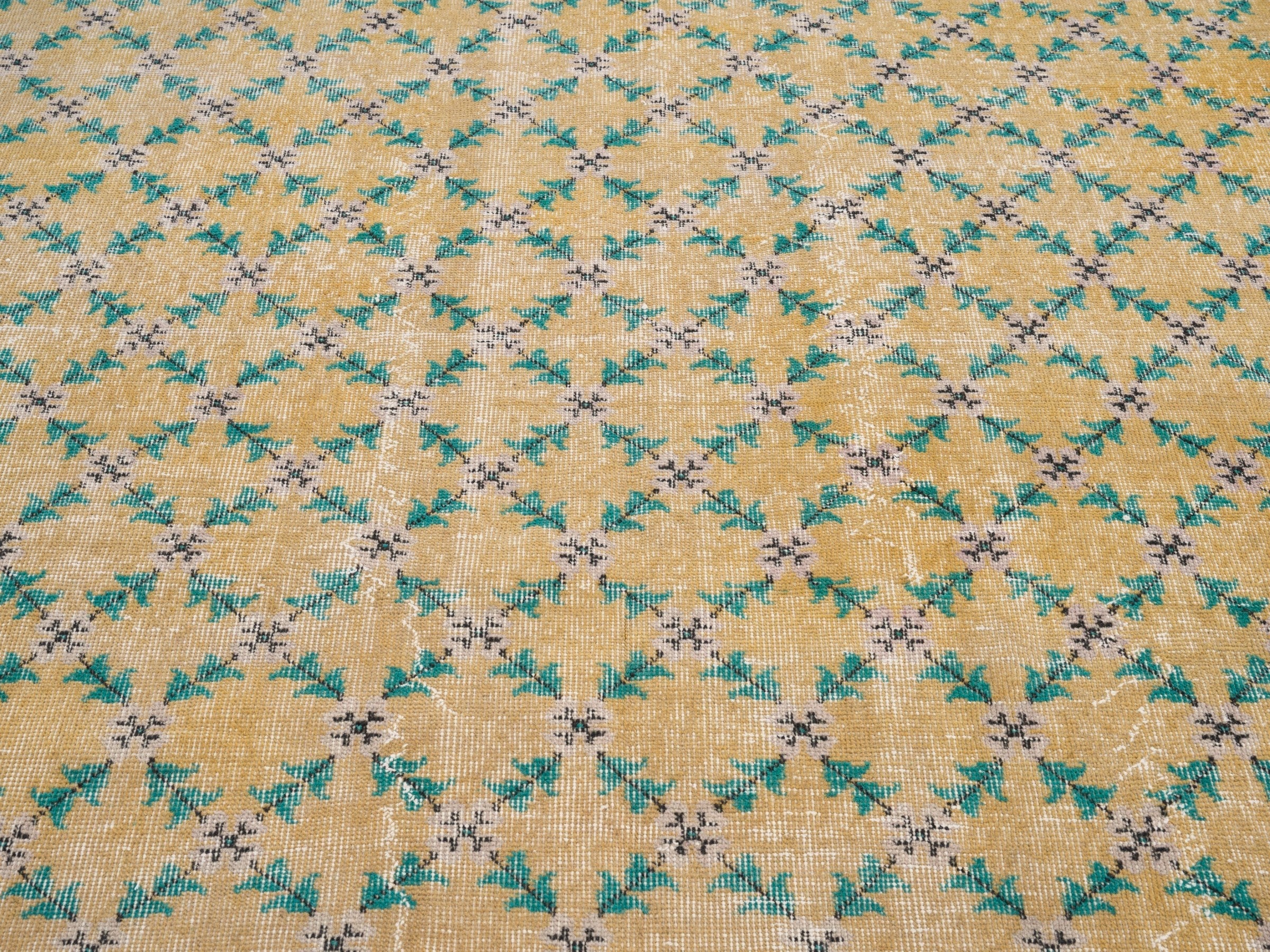Turkish Isparta area rug in tan and teal, view 4 of 10