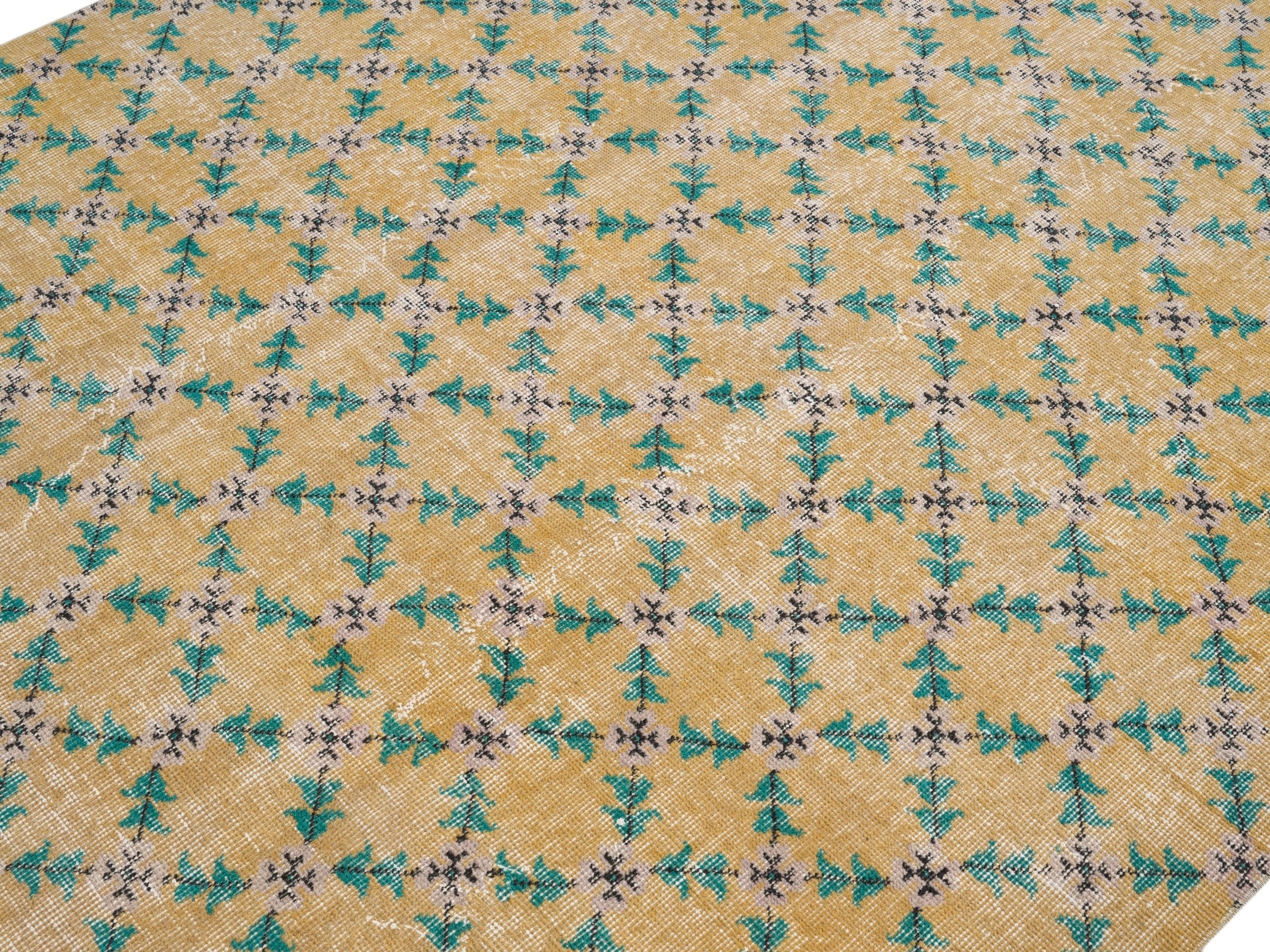 Turkish Isparta area rug in tan and teal, view 5 of 10