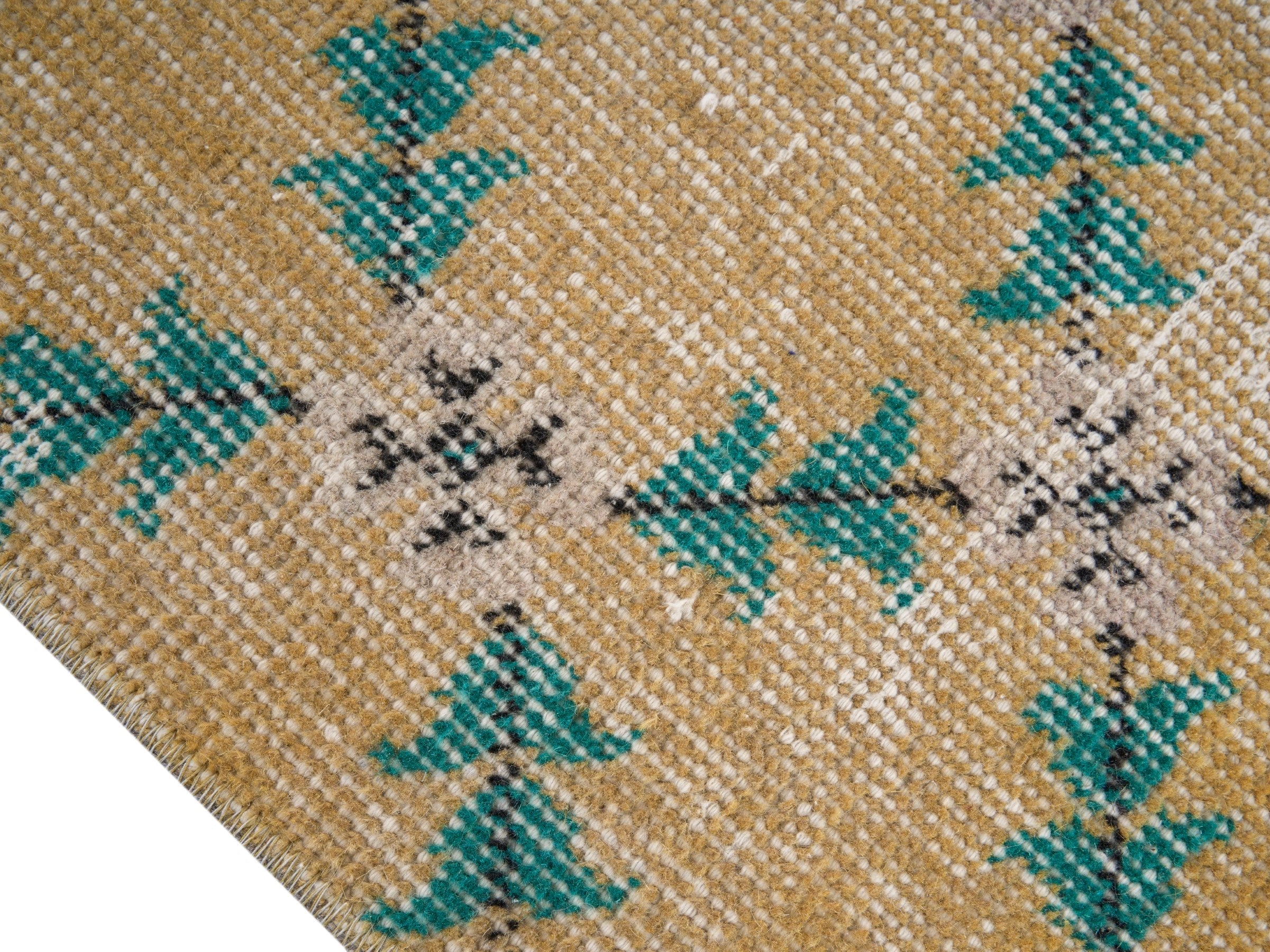 Turkish Isparta area rug in tan and teal, view 6 of 10