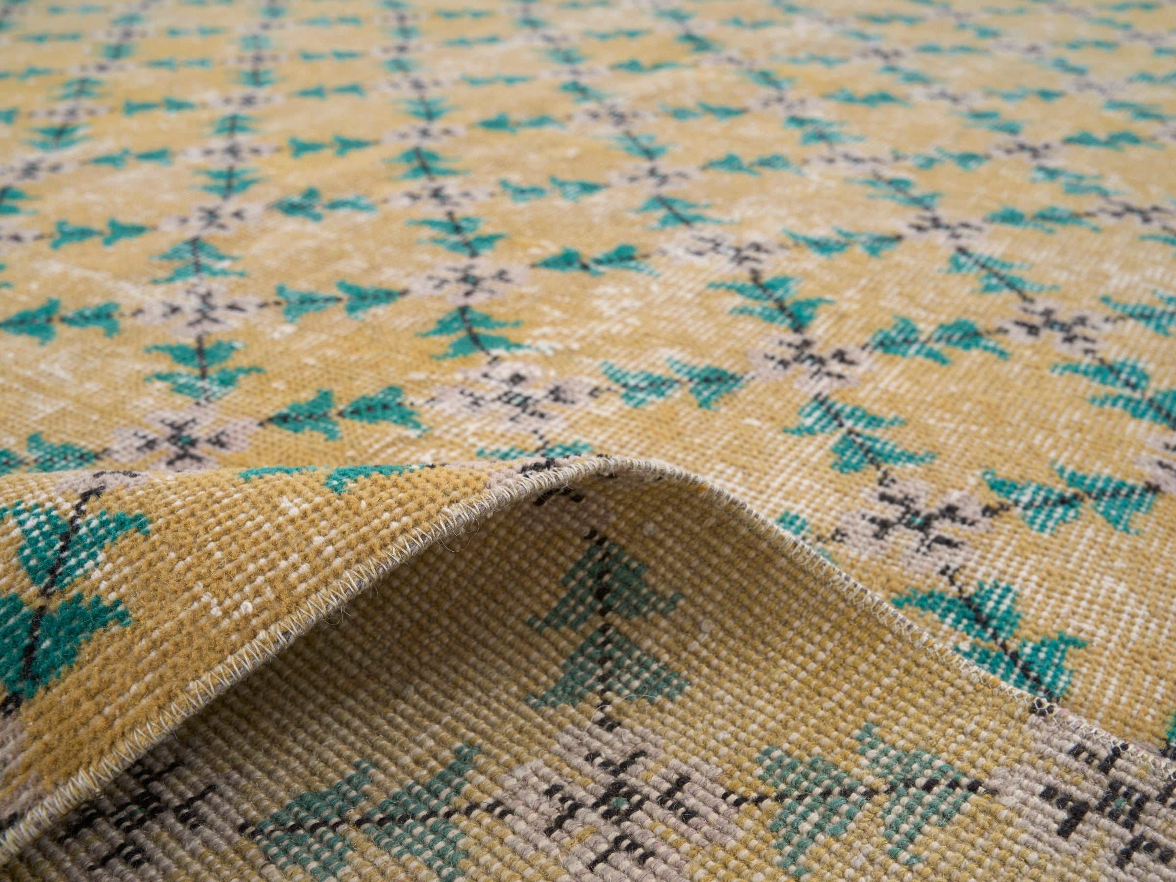 Turkish Isparta area rug in tan and teal, view 9 of 10