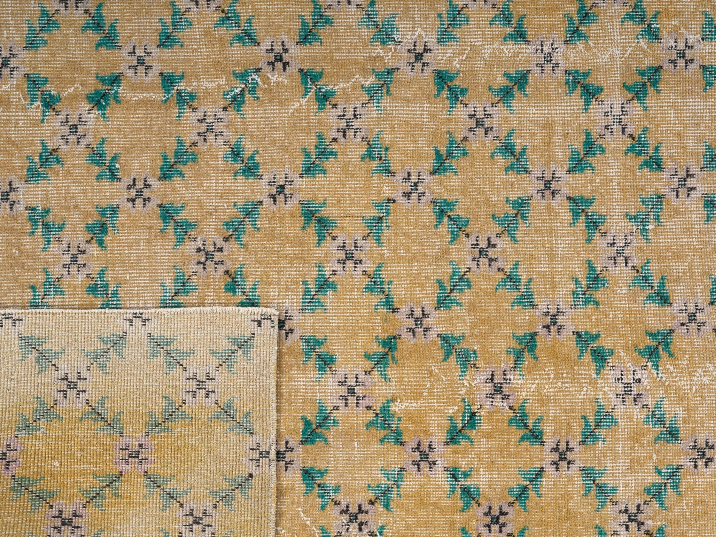 Turkish Isparta area rug in tan and teal, view 10 of 10