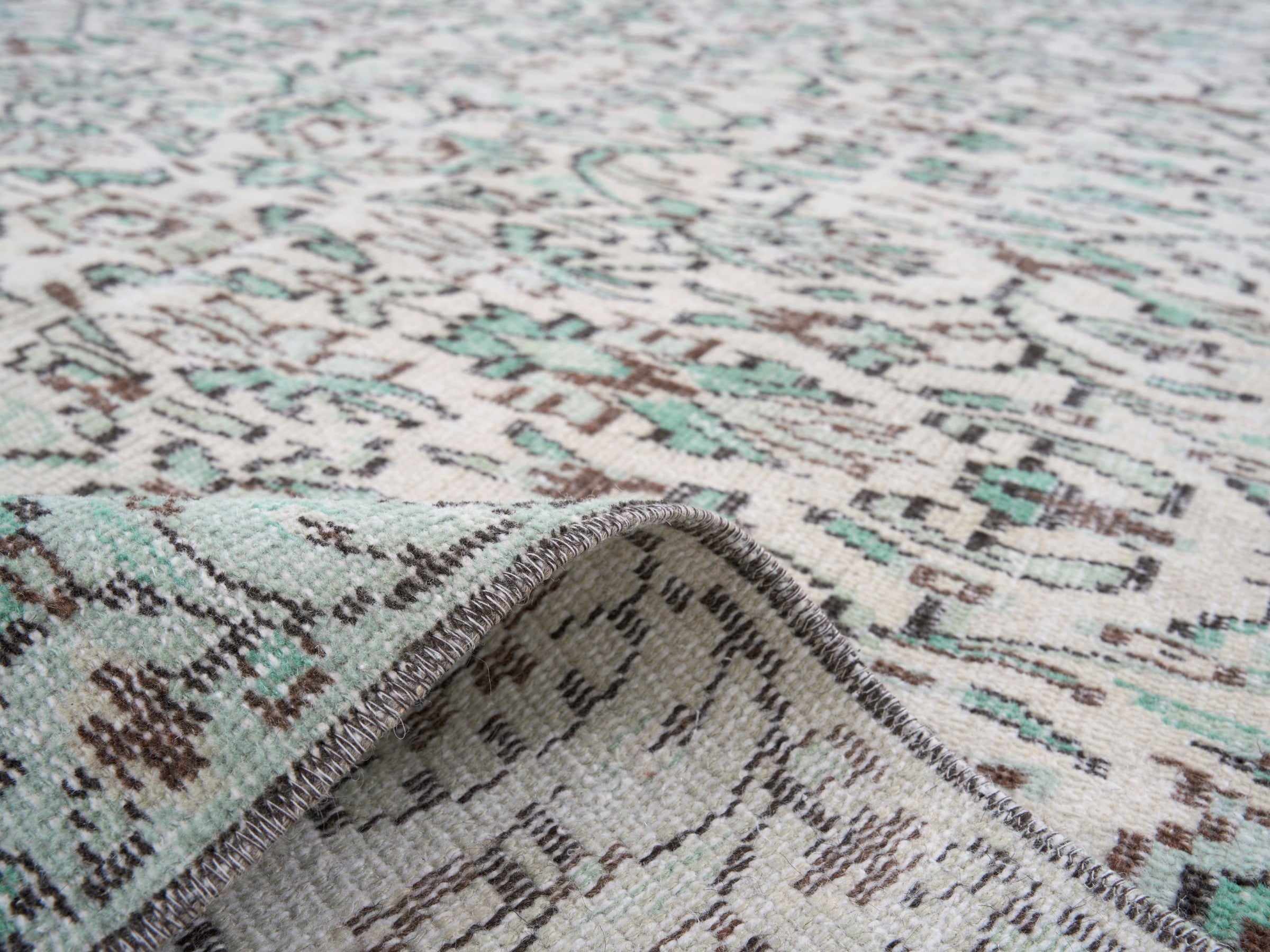 Turkish Manisa area rug in cream and sage, view 9 of 10