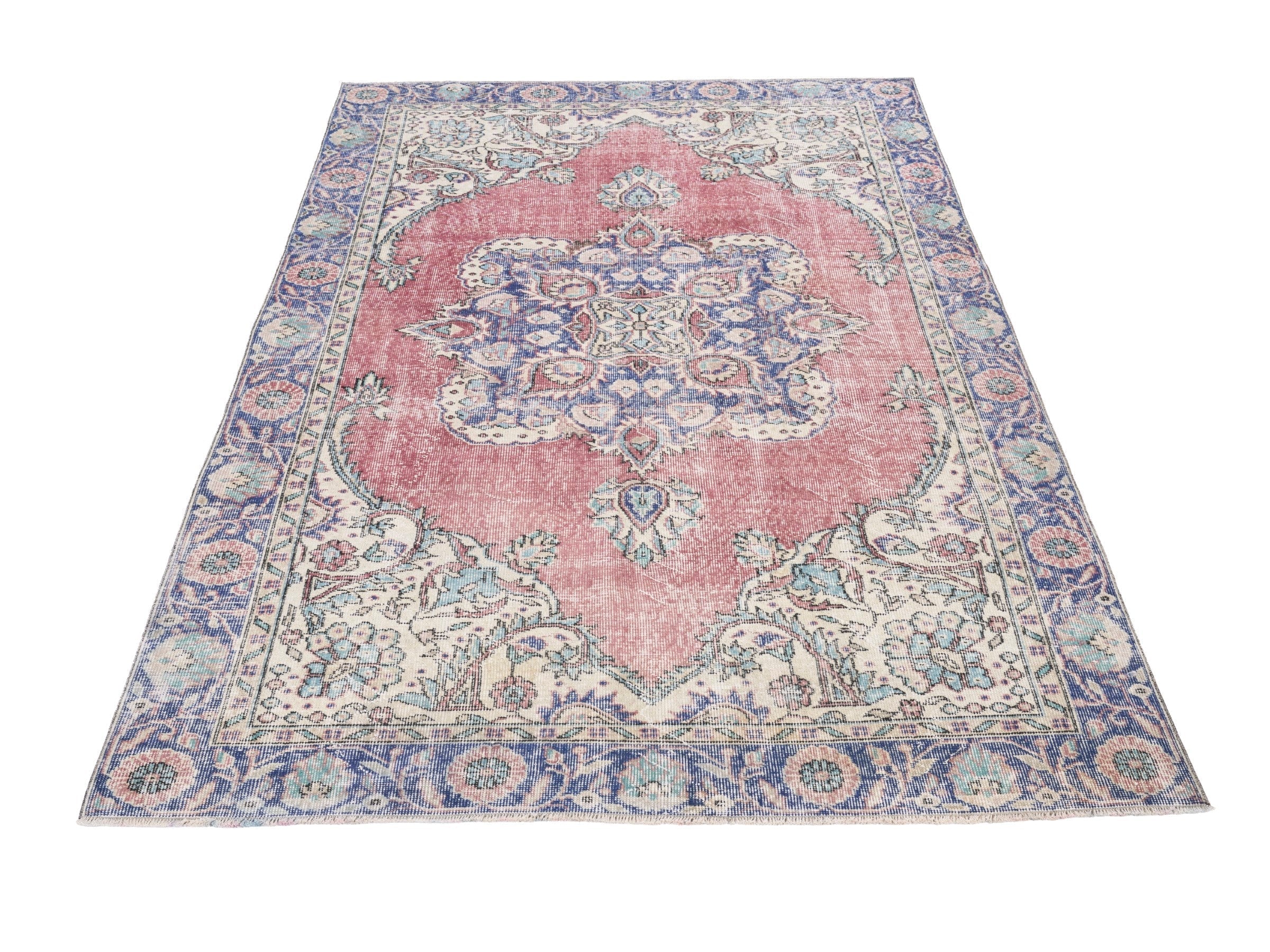 Turkish Isparta area rug in dusty rose and navy, view 2 of 10