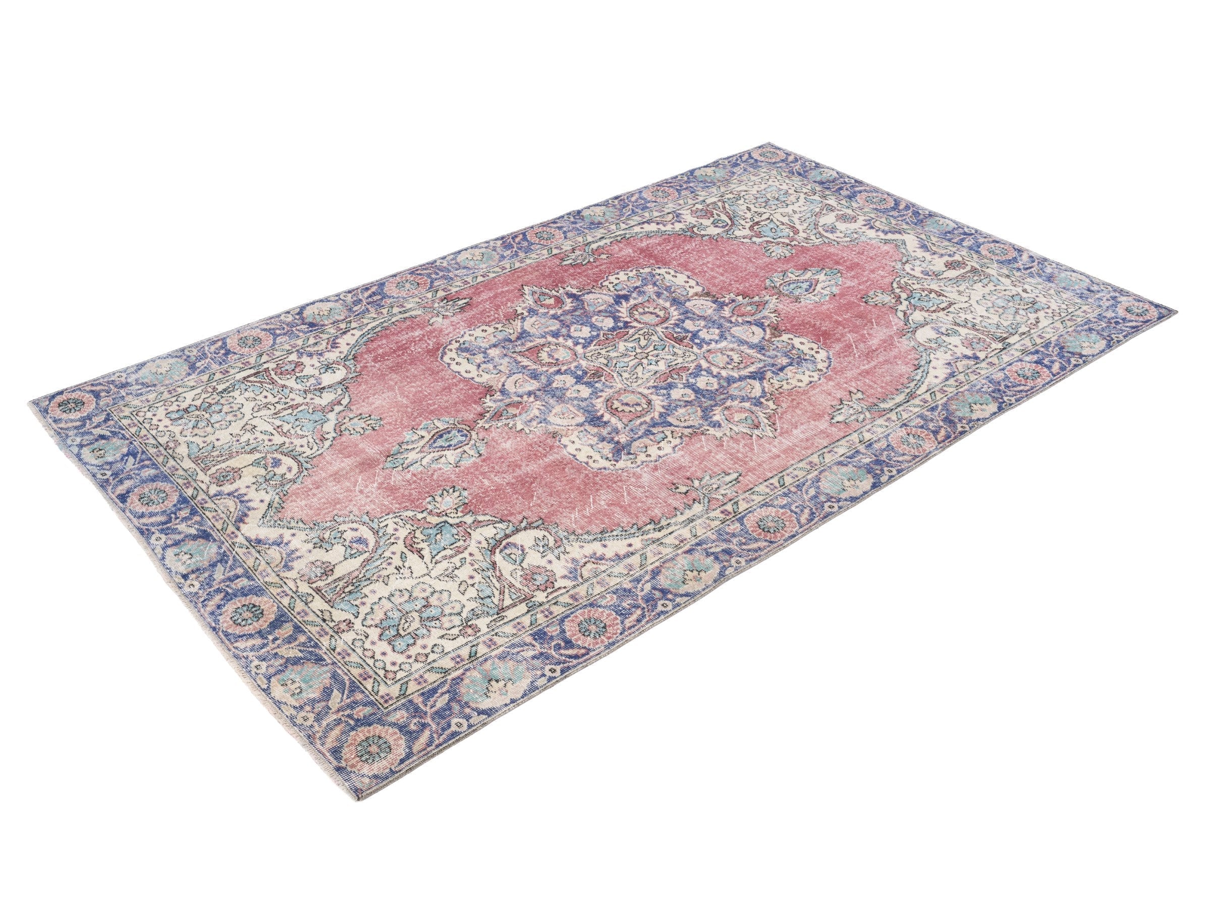 Turkish Isparta area rug in dusty rose and navy, view 3 of 10