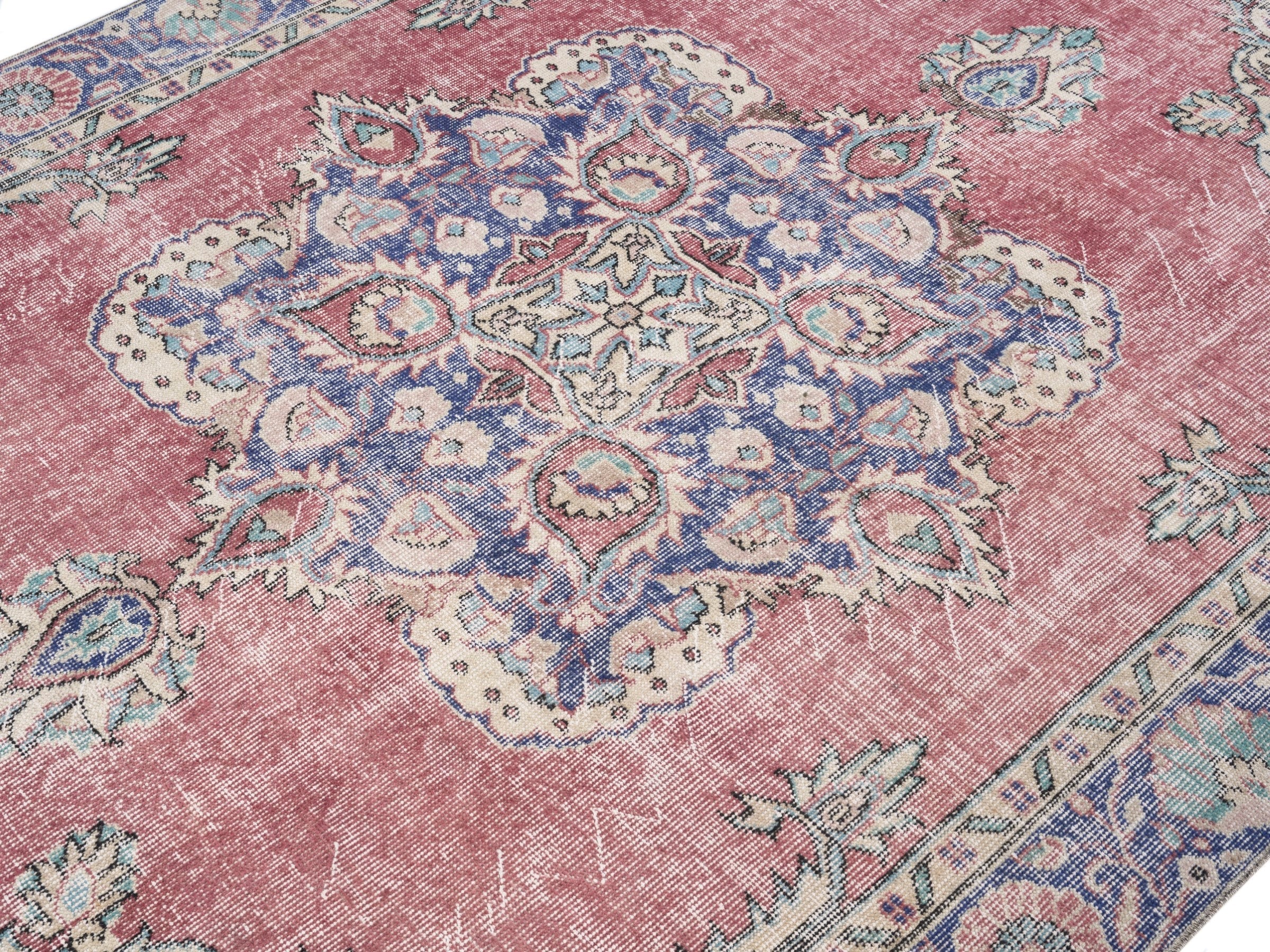 Turkish Isparta area rug in dusty rose and navy, view 5 of 10