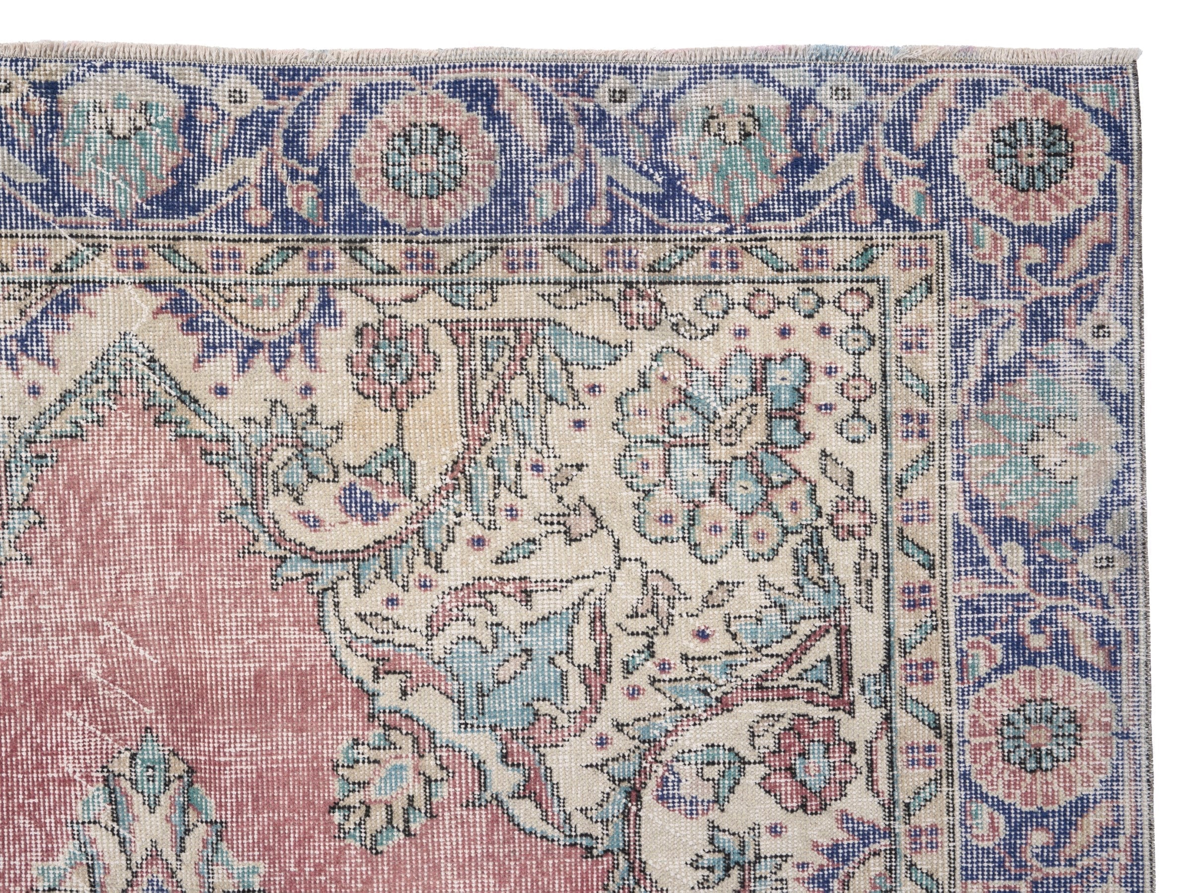 Turkish Isparta area rug in dusty rose and navy, view 8 of 10