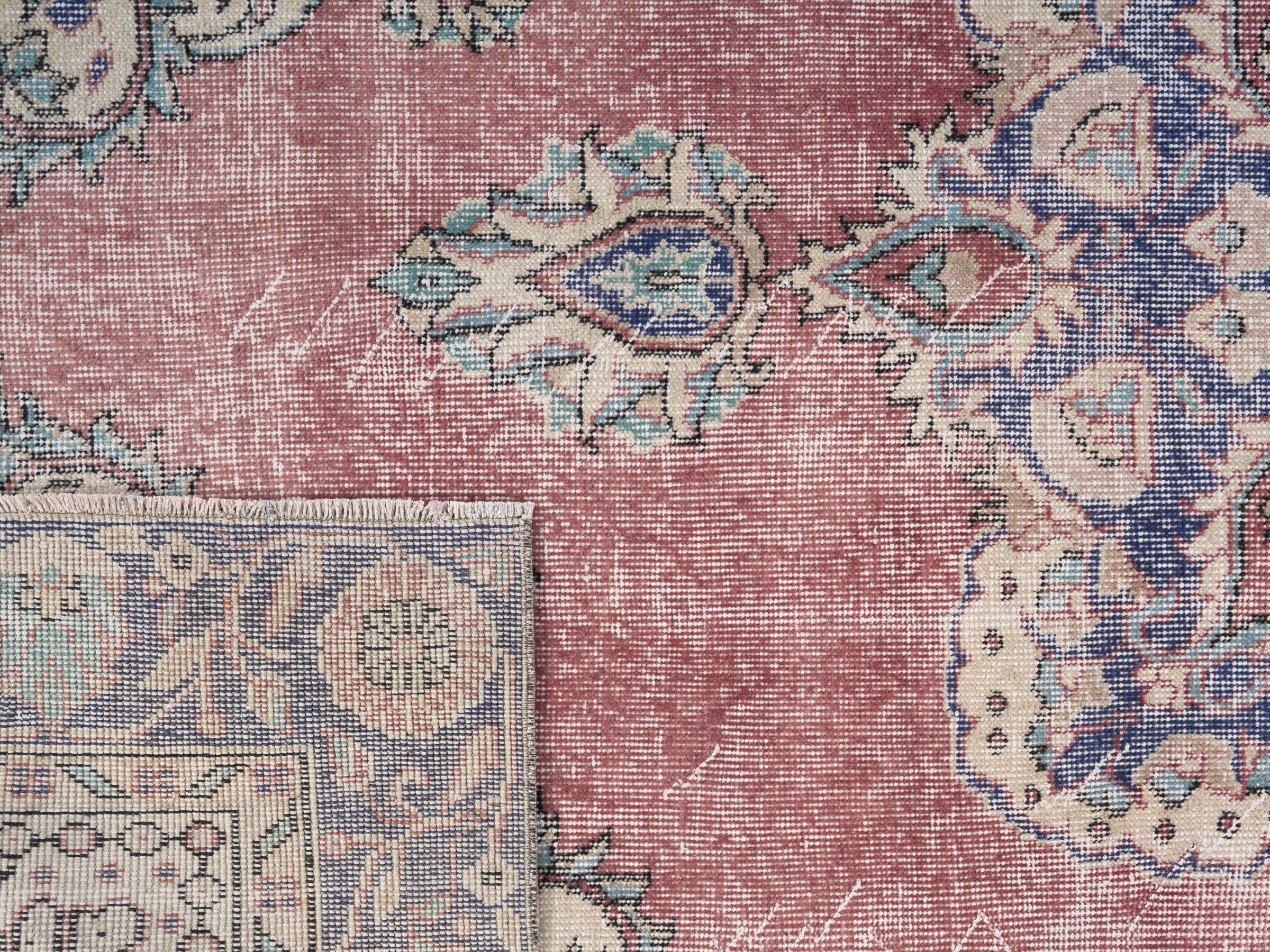 Turkish Isparta area rug in dusty rose and navy, view 10 of 10