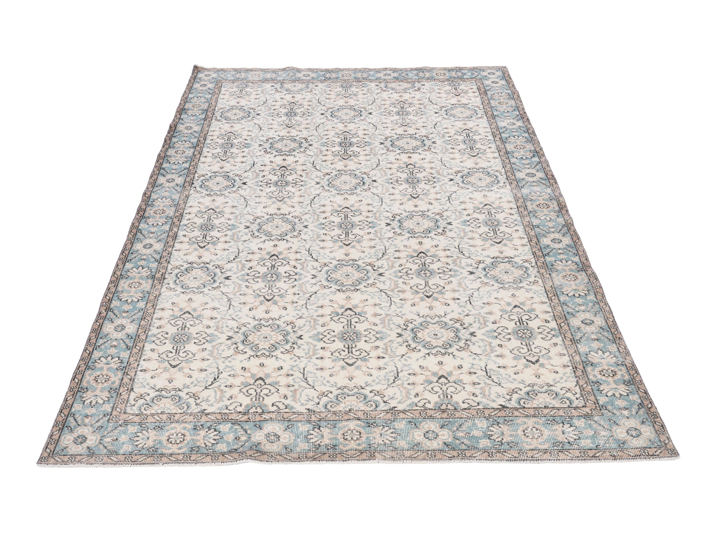Turkish Isparta area rug in cream and dusty blue, view 2 of 10