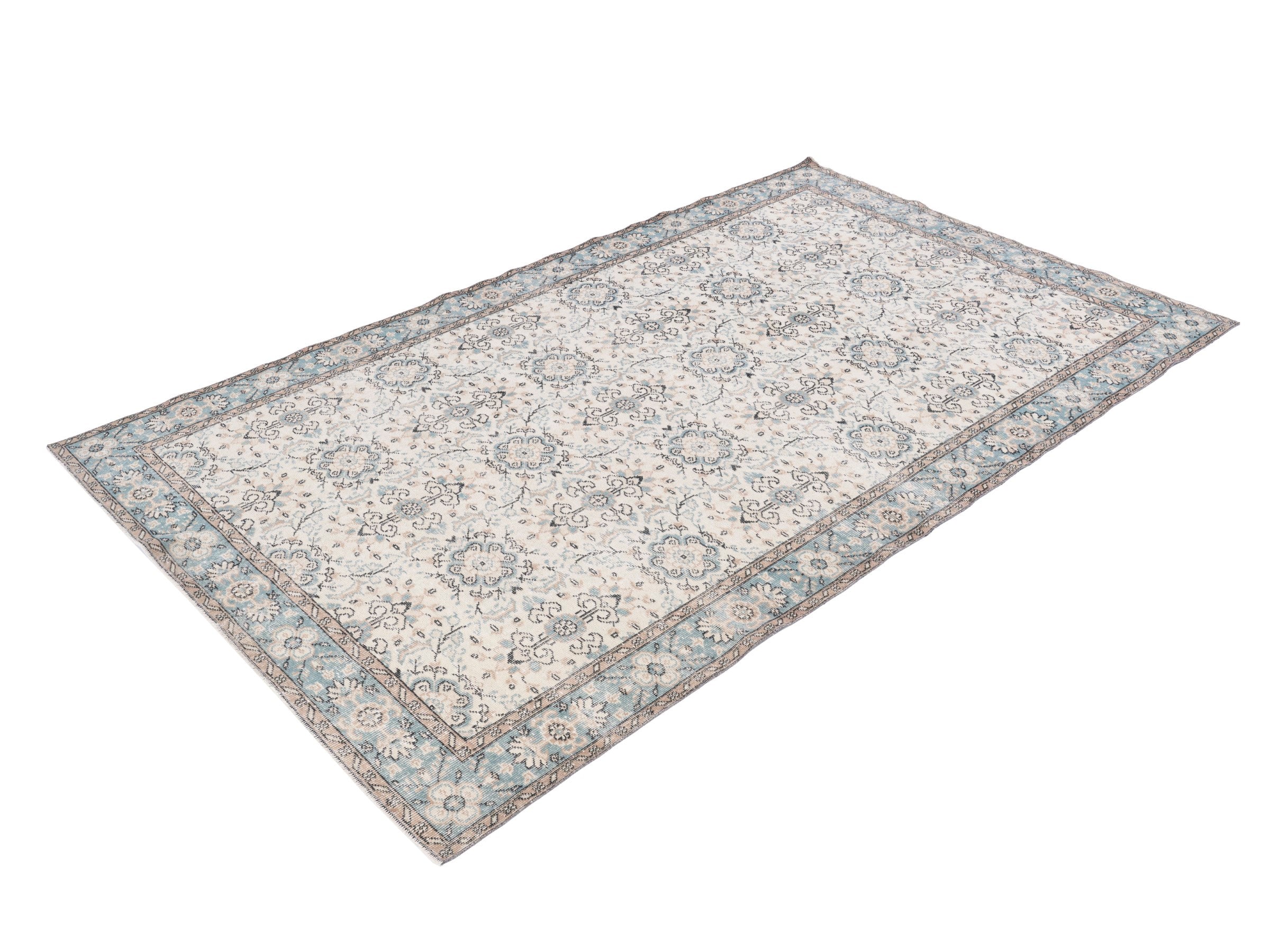 Turkish Isparta area rug in cream and dusty blue, view 3 of 10
