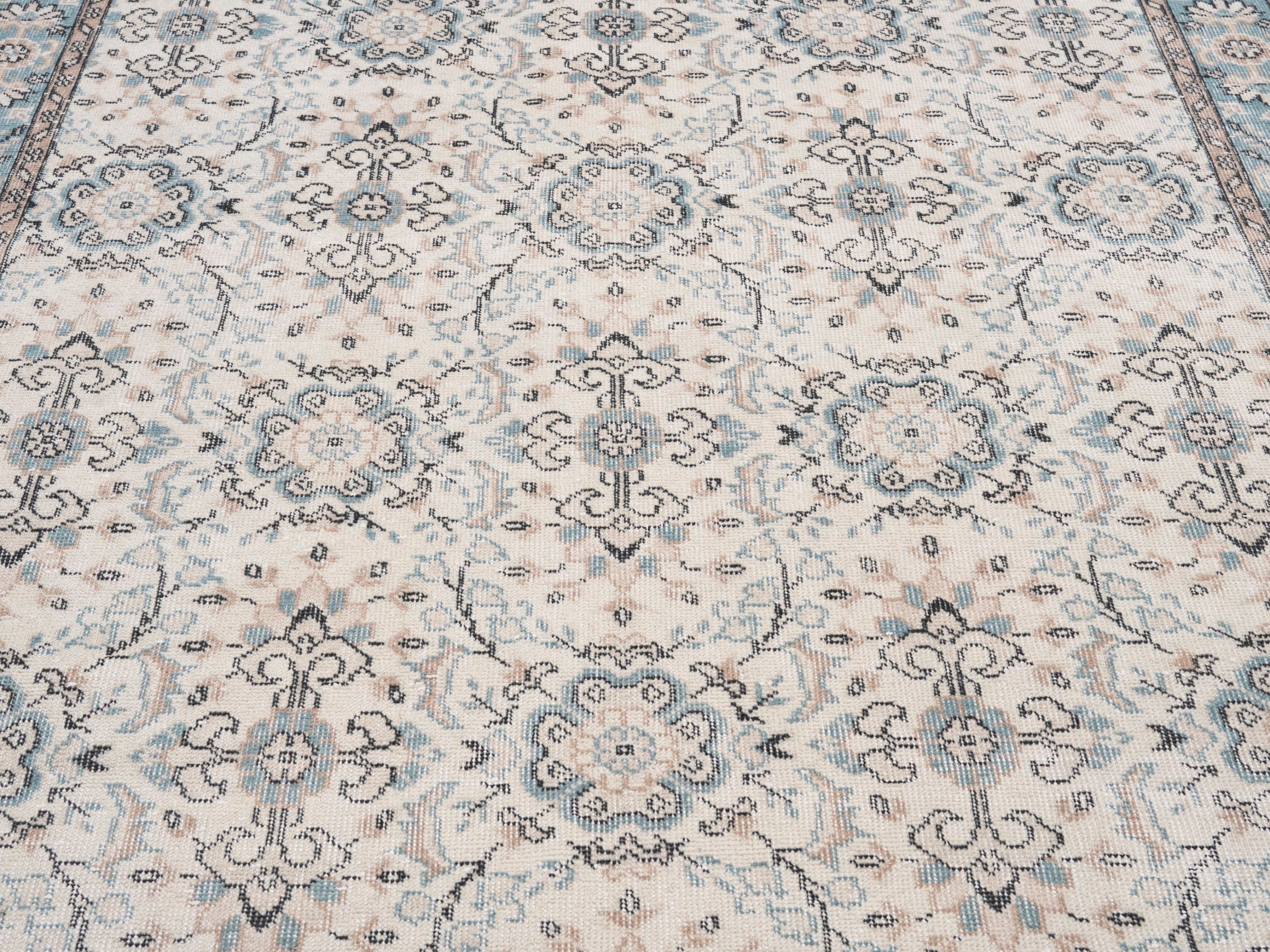 Turkish Isparta area rug in cream and dusty blue, view 4 of 10