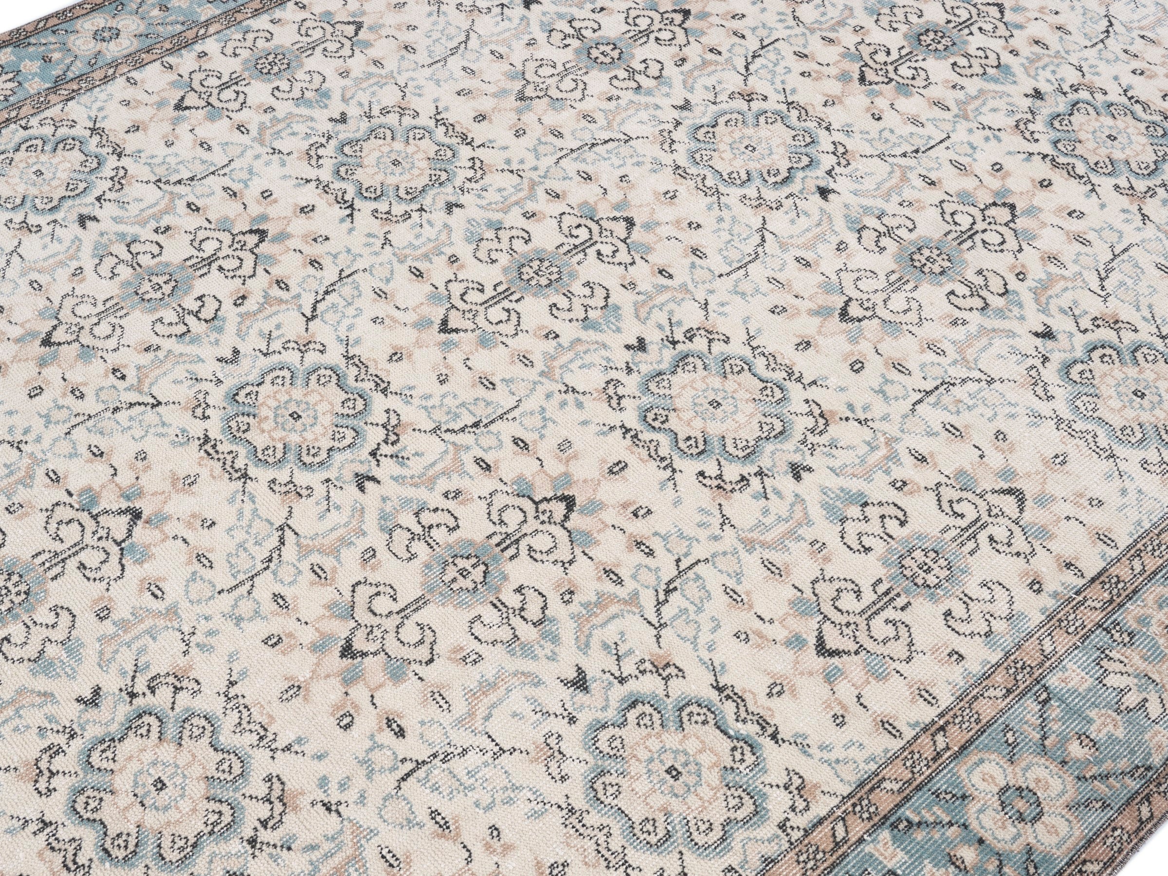 Turkish Isparta area rug in cream and dusty blue, view 5 of 10