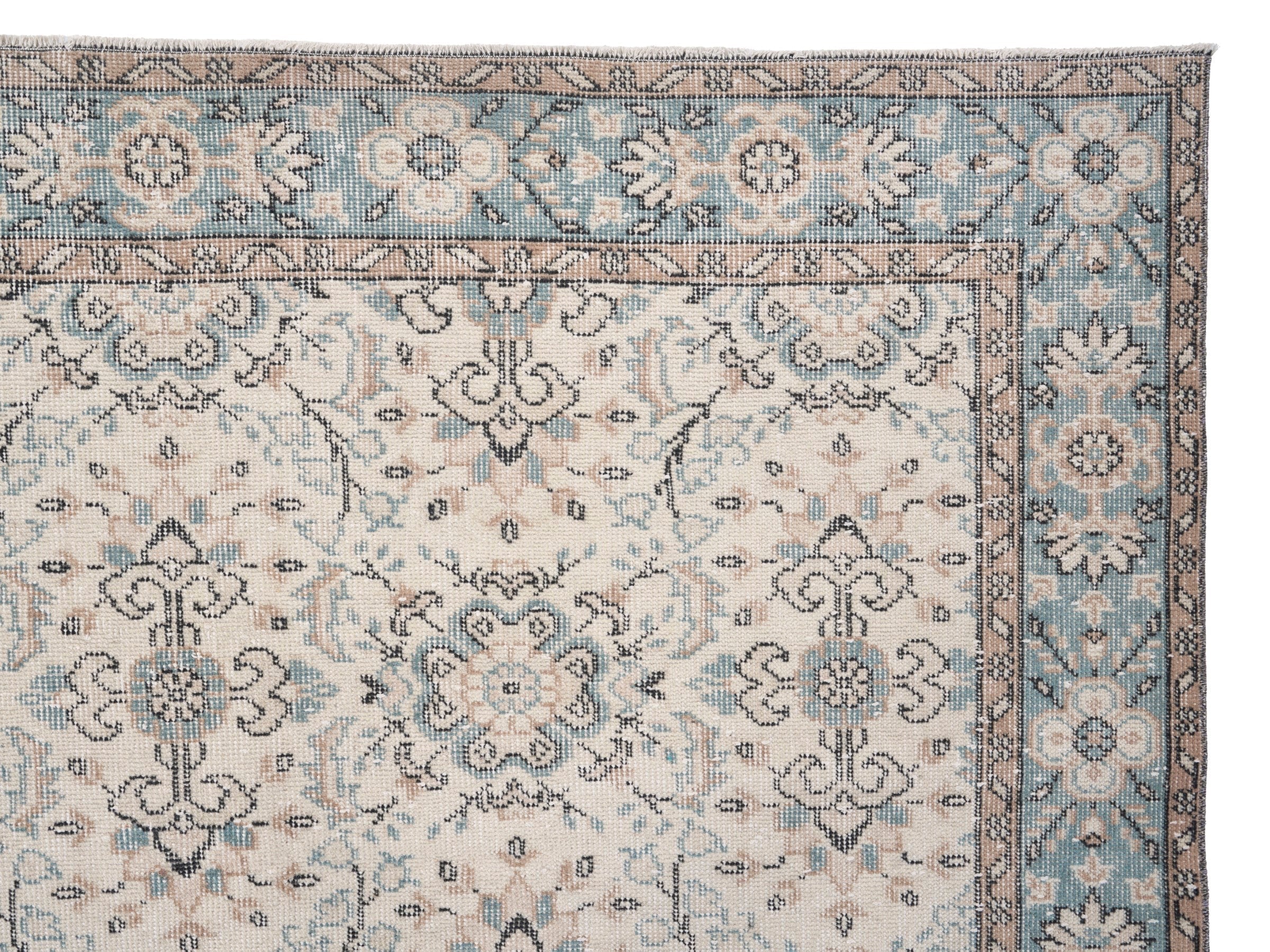 Turkish Isparta area rug in cream and dusty blue, view 8 of 10