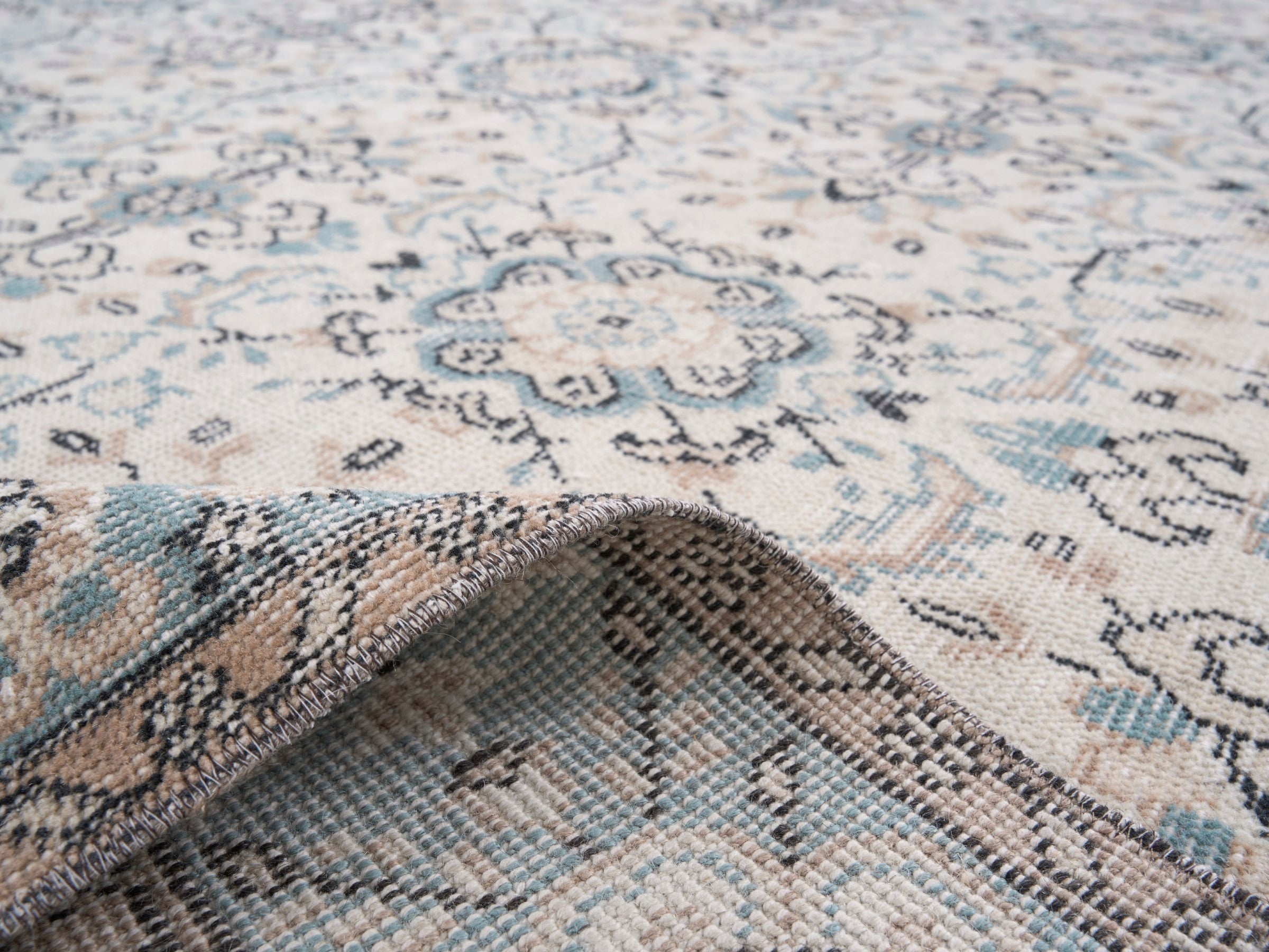 Turkish Isparta area rug in cream and dusty blue, view 9 of 10