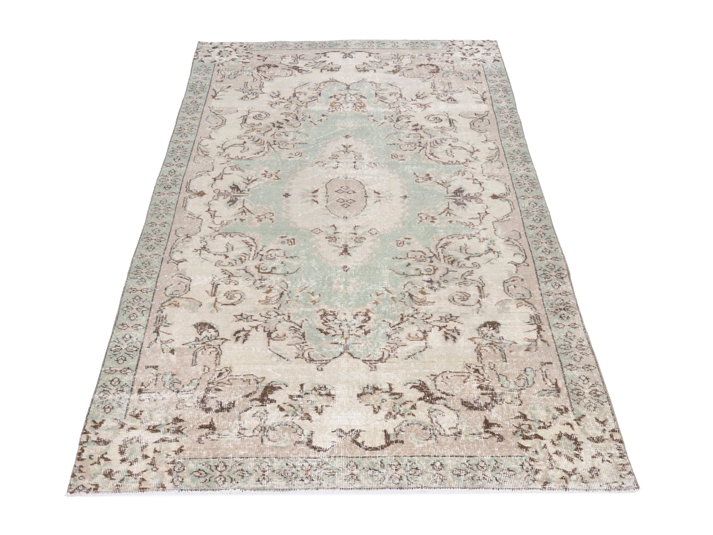 Turkish Isparta area rug in sage and muted pink, view 2 of 10
