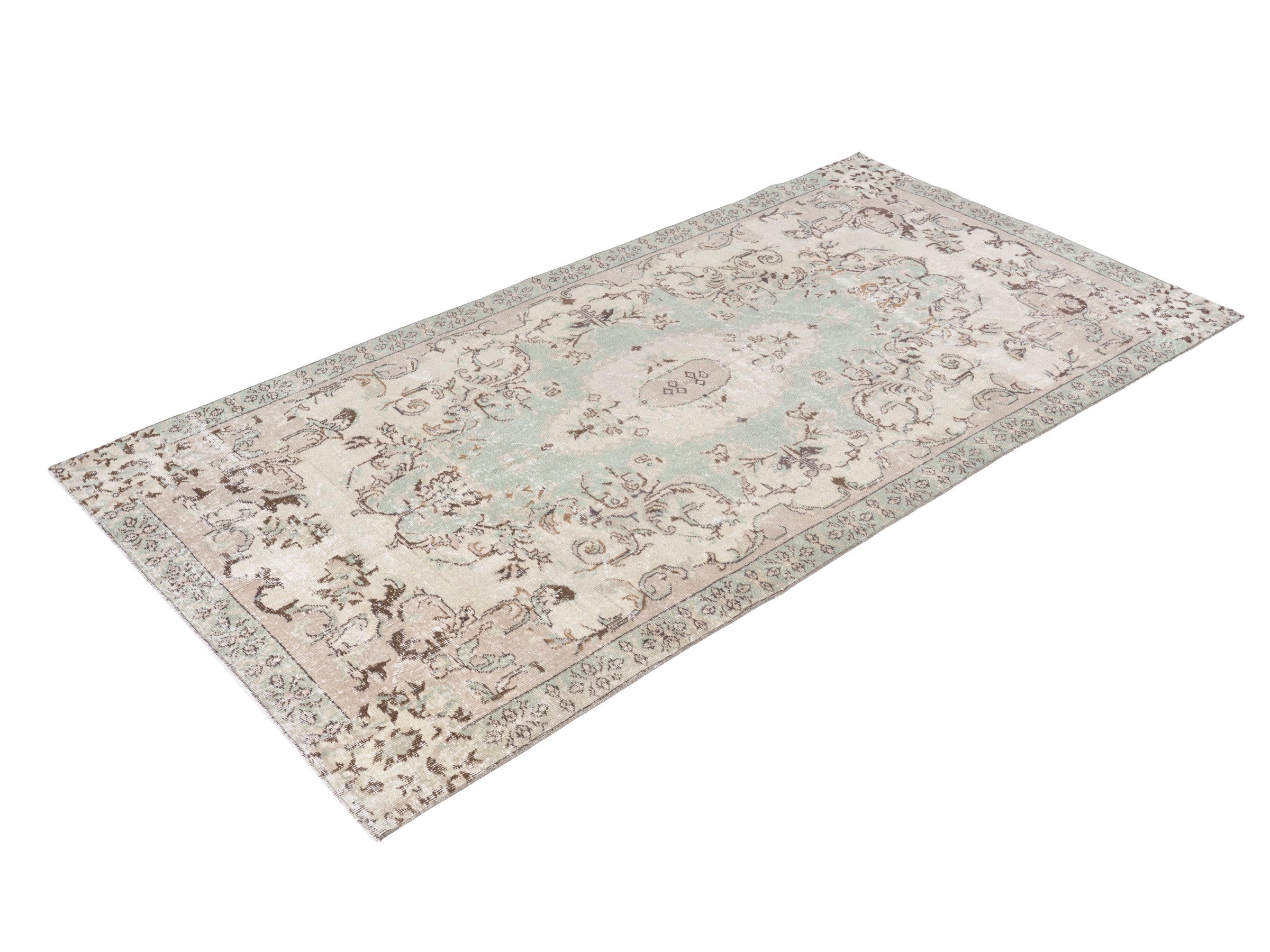 Turkish Isparta area rug in sage and muted pink, view 3 of 10