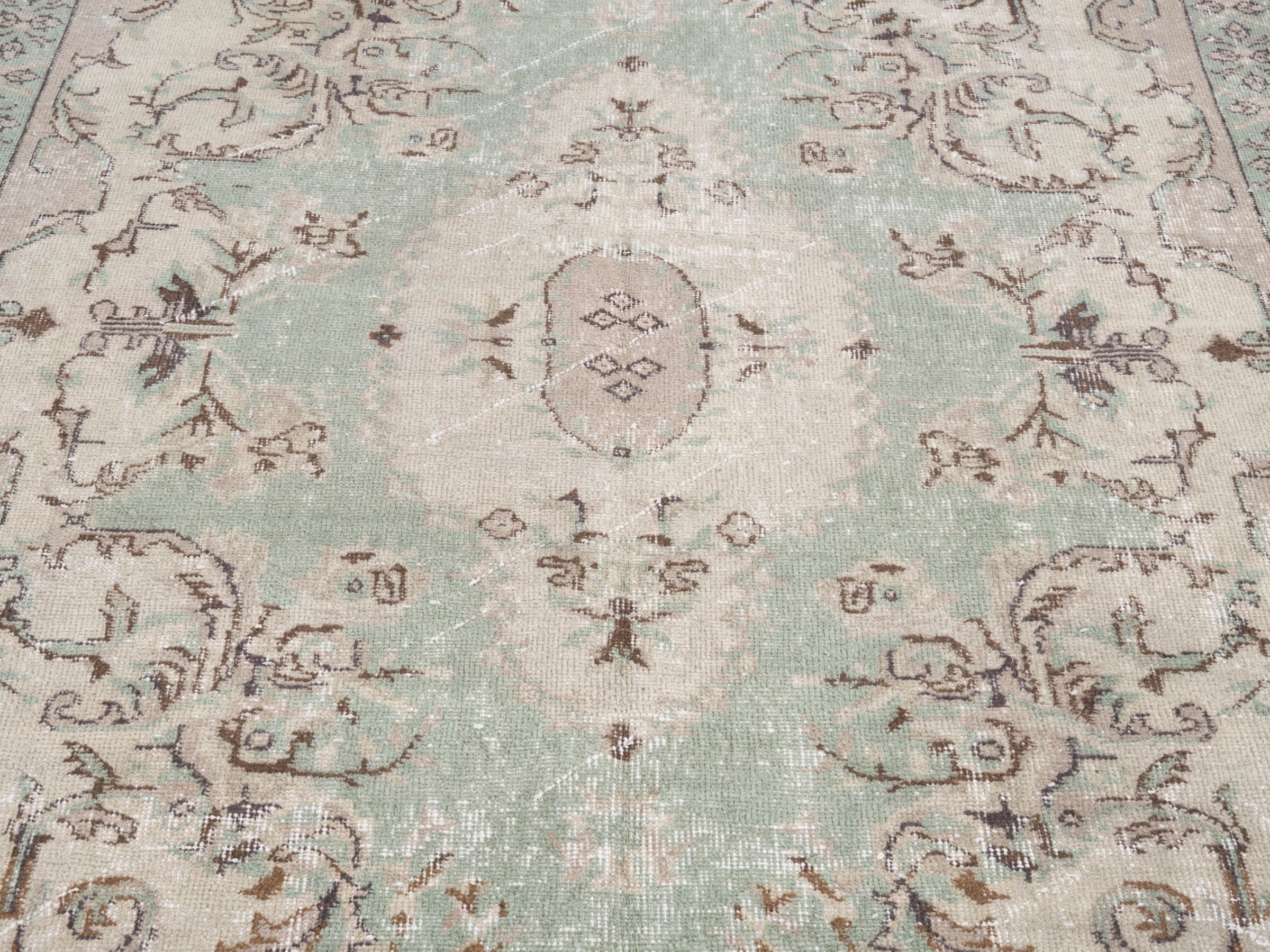 Turkish Isparta area rug in sage and muted pink, view 4 of 10
