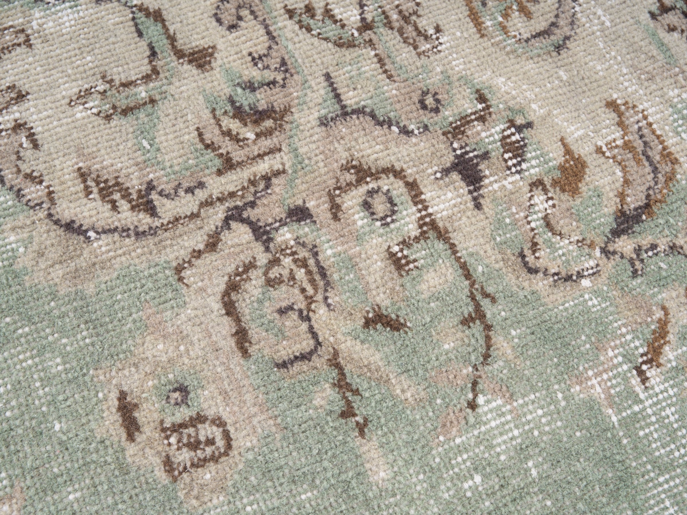 Turkish Isparta area rug in sage and muted pink, view 7 of 10