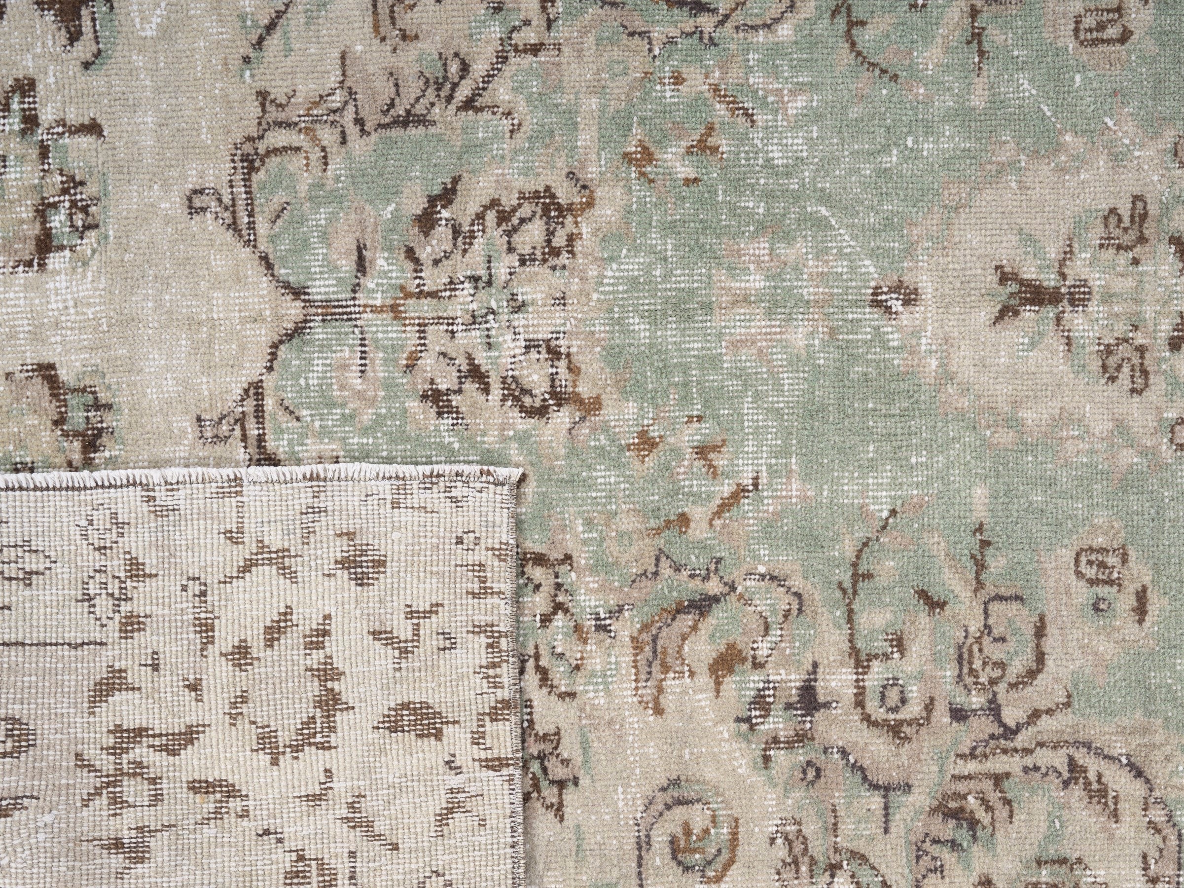 Turkish Isparta area rug in sage and muted pink, view 10 of 10