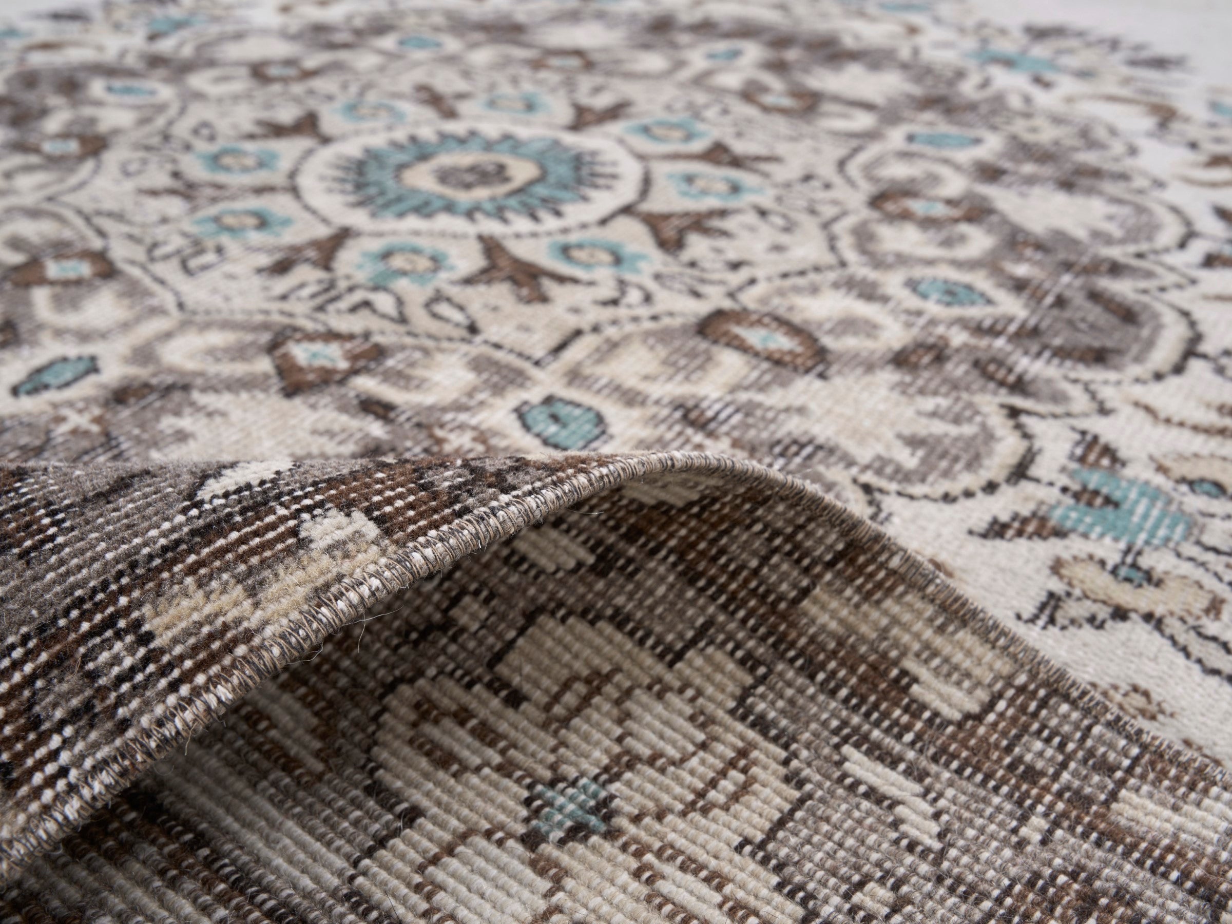 Turkish Isparta area rug in cream and taupe, view 9 of 10