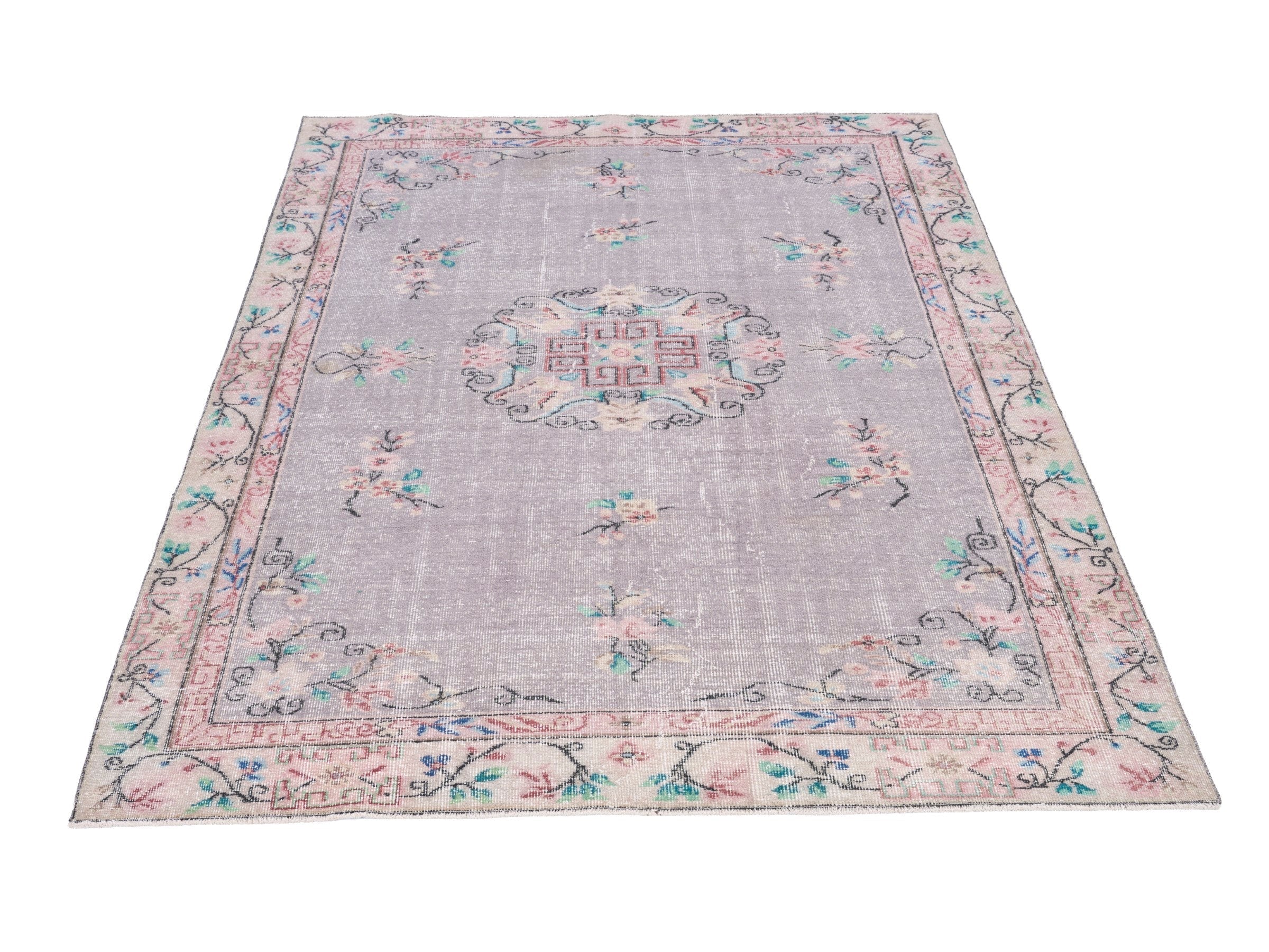 Turkish Isparta area rug in dusty blue and muted pink, view 2 of 10