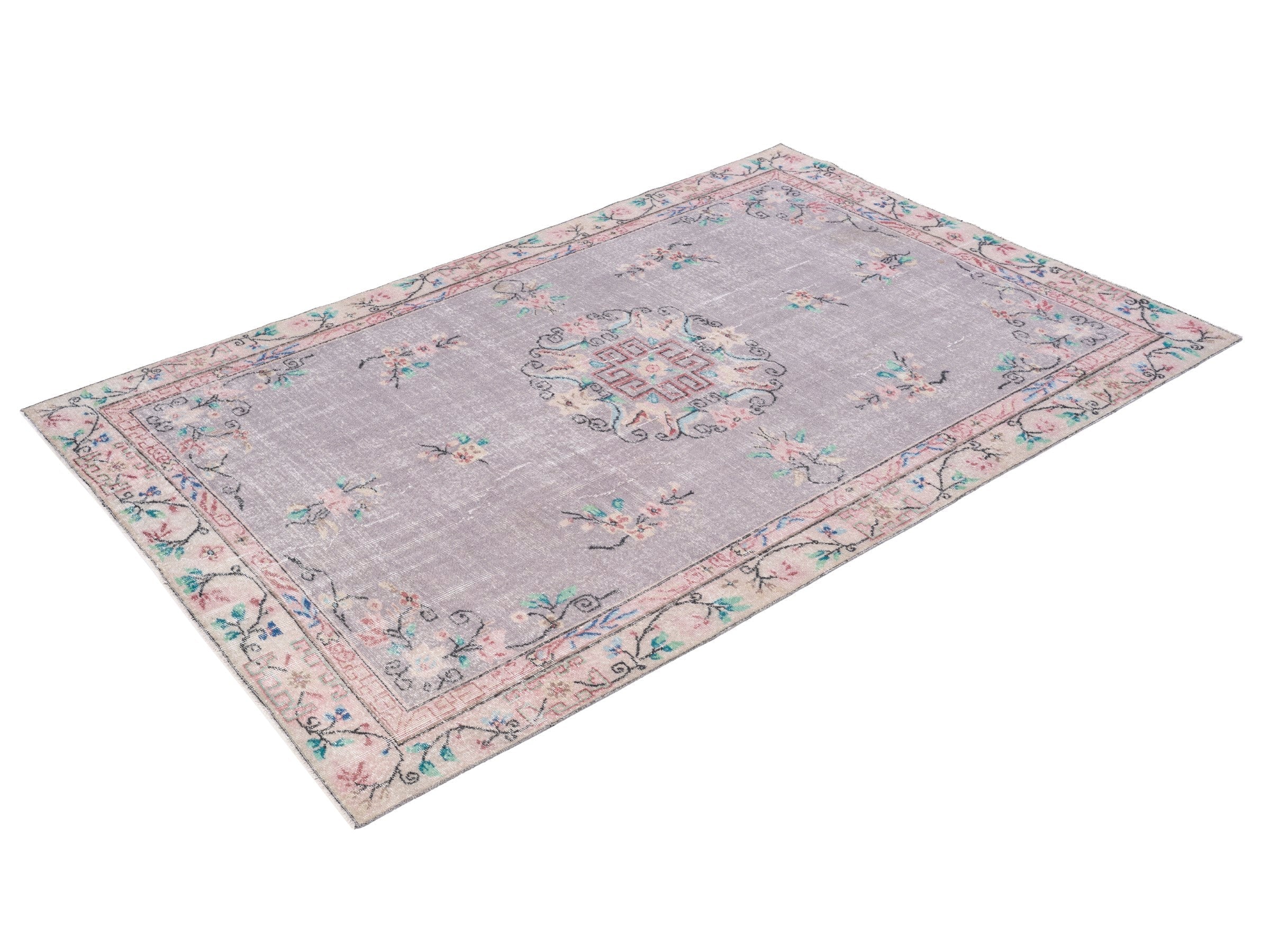 Turkish Isparta area rug in dusty blue and muted pink, view 3 of 10