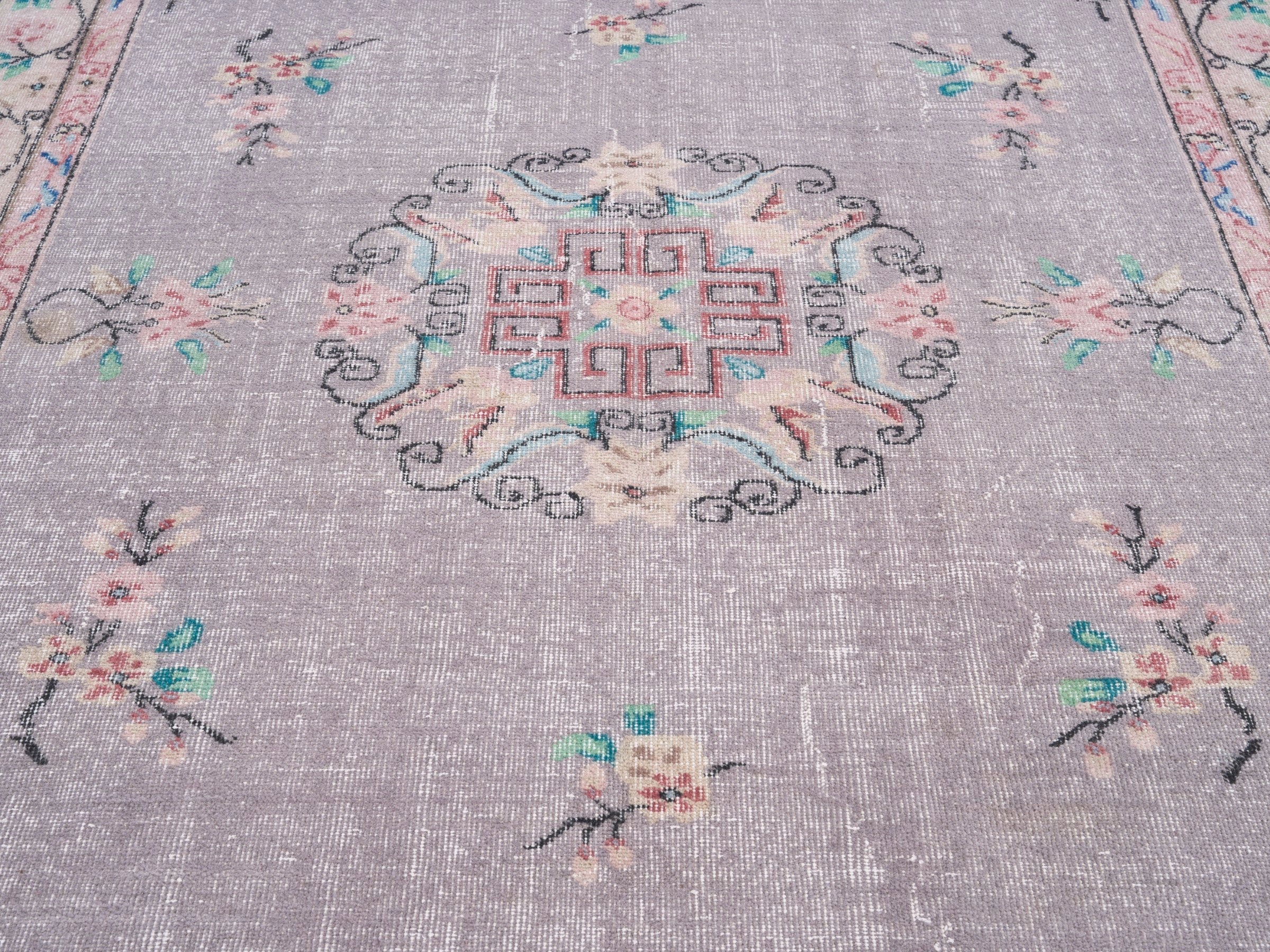 Turkish Isparta area rug in dusty blue and muted pink, view 4 of 10