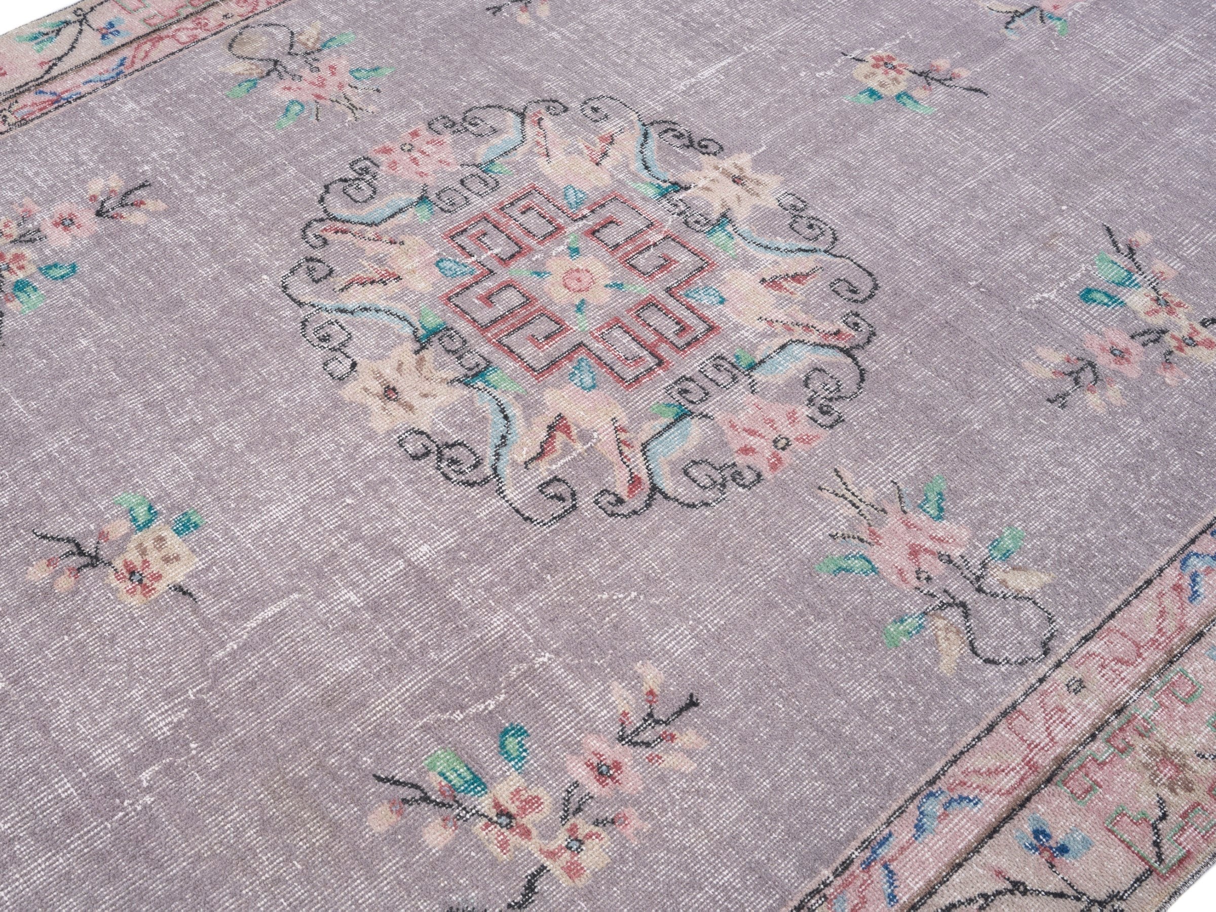 Turkish Isparta area rug in dusty blue and muted pink, view 5 of 10