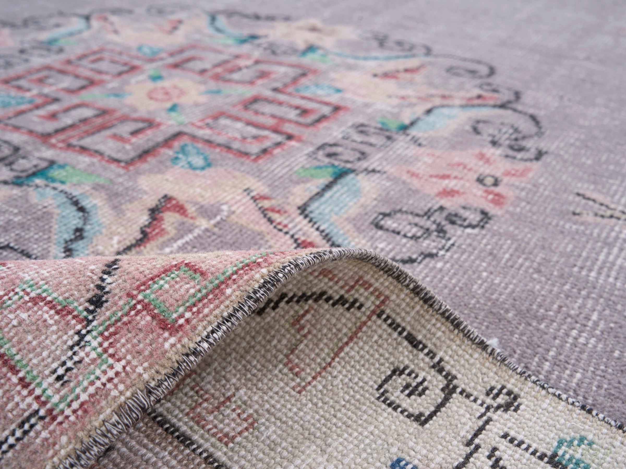 Turkish Isparta area rug in dusty blue and muted pink, view 9 of 10