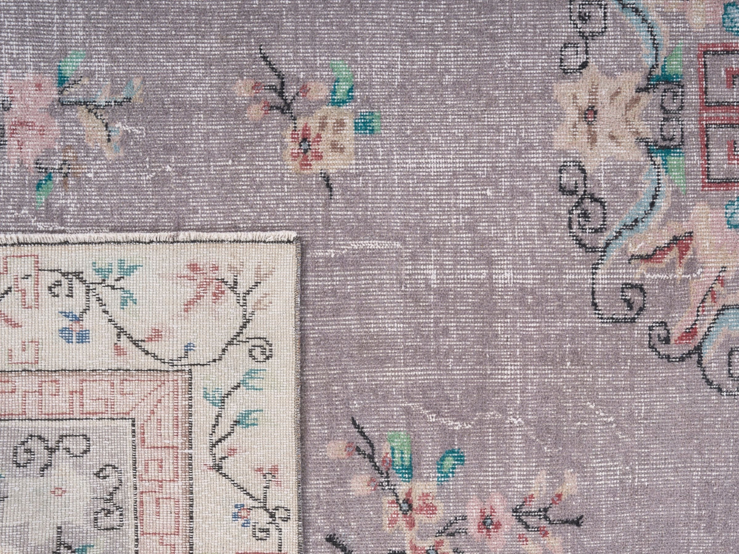 Turkish Isparta area rug in dusty blue and muted pink, view 10 of 10