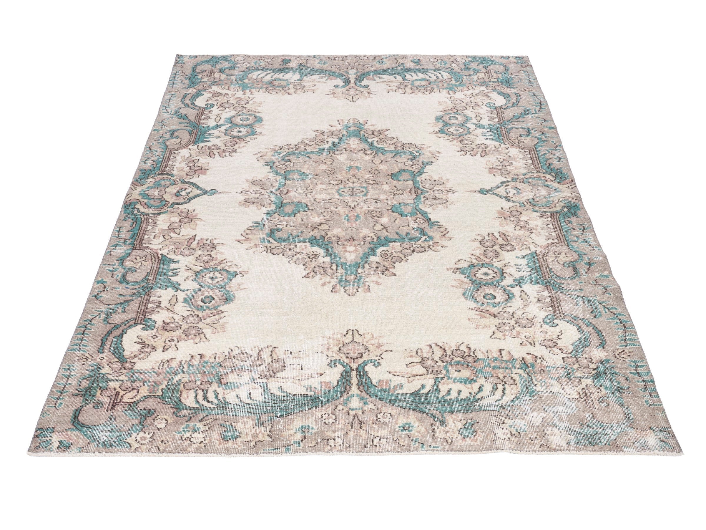 Turkish Isparta area rug in cream and muted pink, view 2 of 10